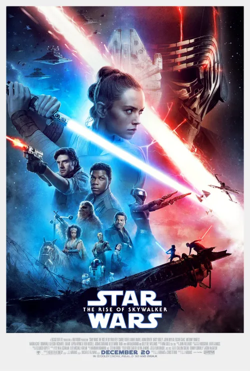 Promotional poster for Star Wars Episode IX: The Rise of Skywalker faeturing Rey Skywalker, Kylo Ren/Ben Solo, Poe Dameron, Finn, and more