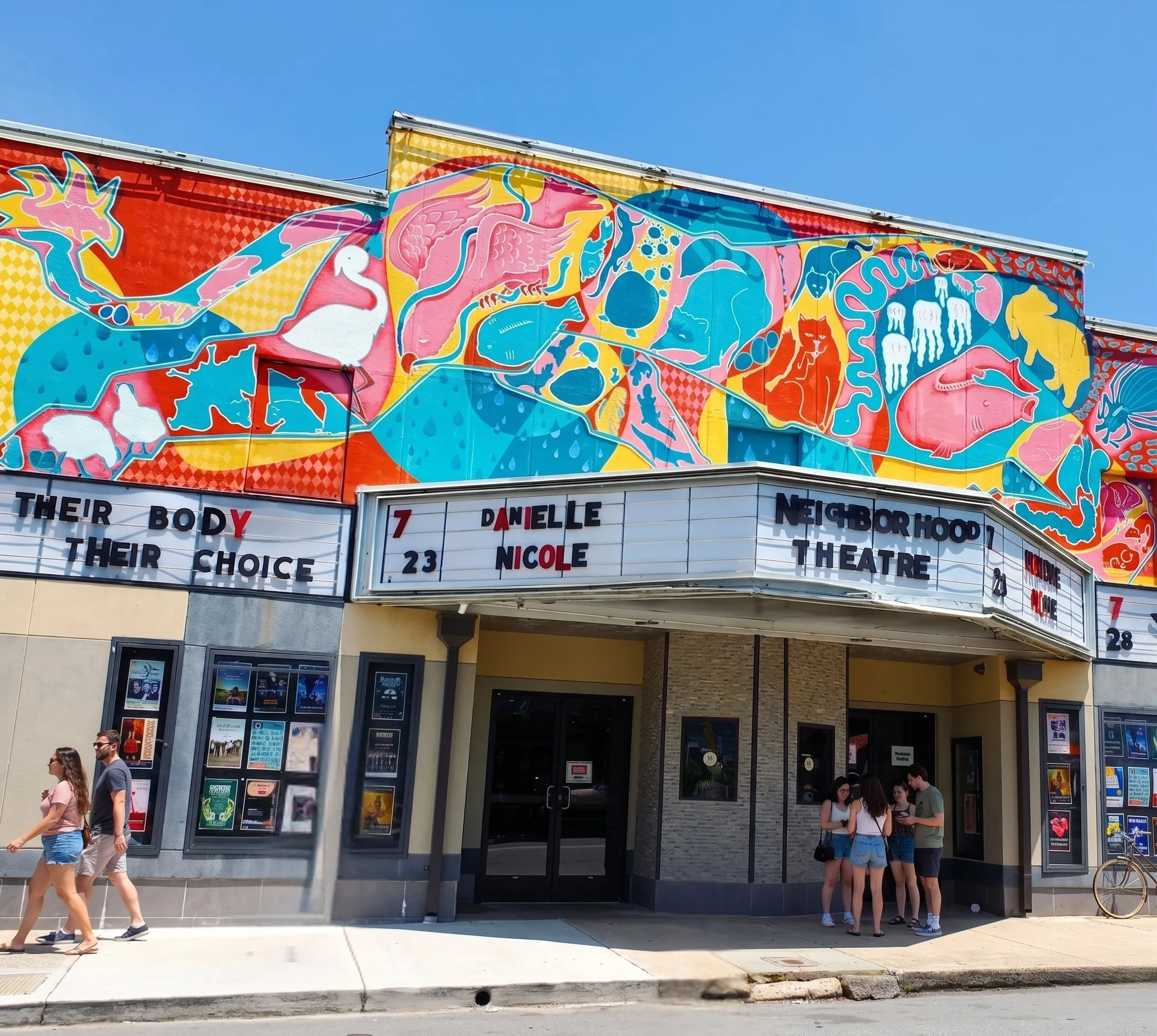 People stroll by a theater on a sunny day, enjoying the warm weather and vibrant atmosphere.