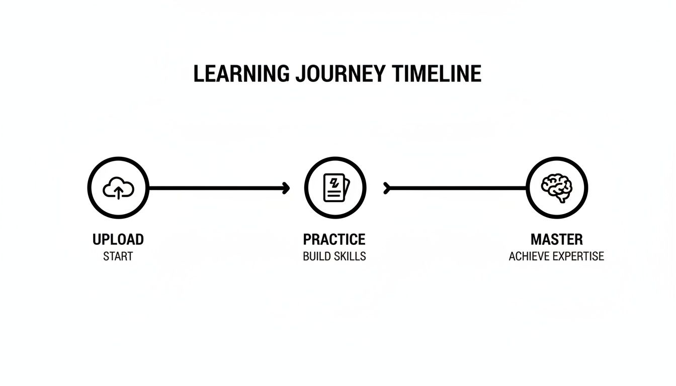 A learning journey timeline visualizes steps: upload, practice, and master skills for expertise.