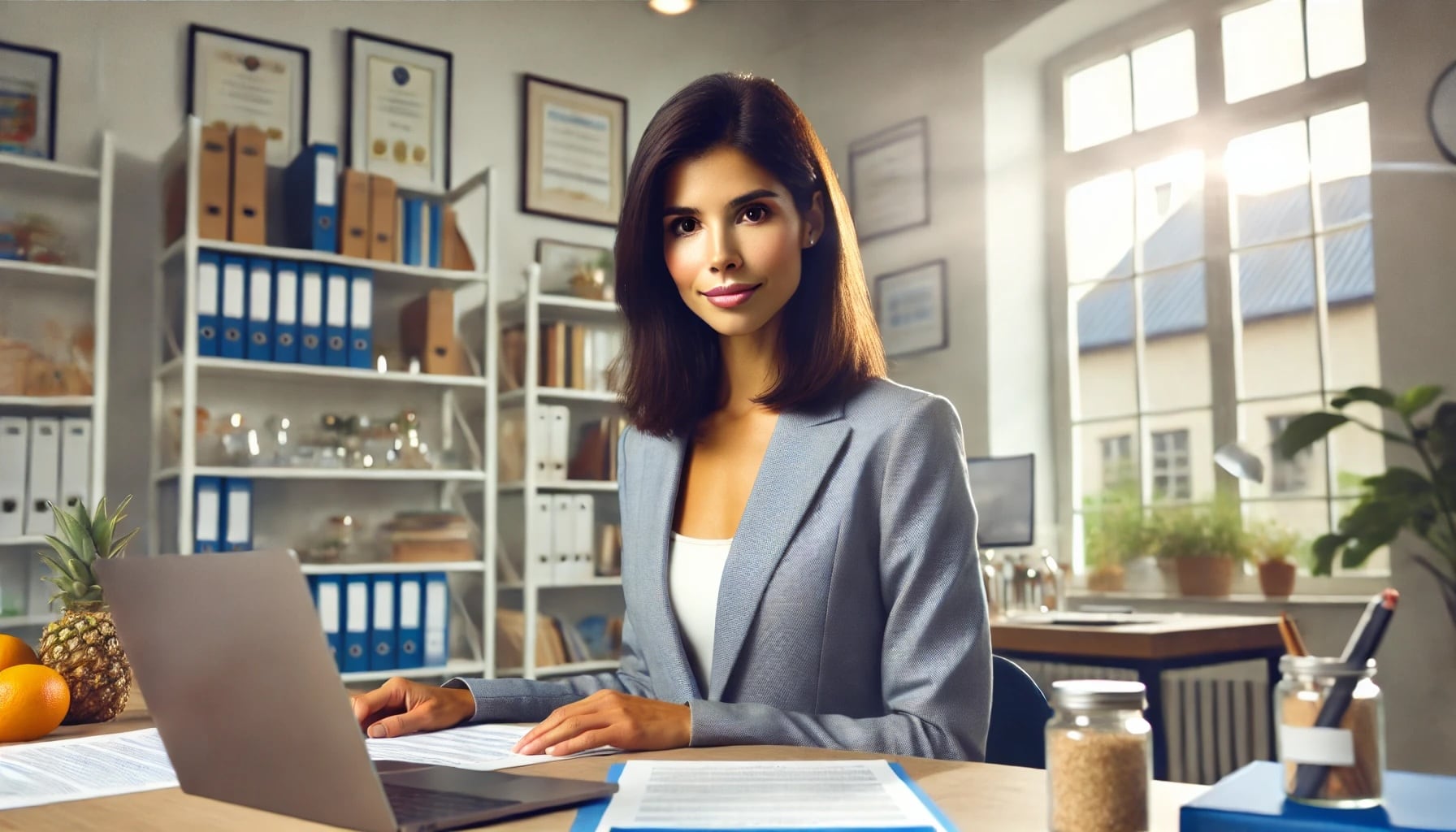 Nutricionista latina sentada à mesa em um escritório, trabalhando. Ela está vestida com roupas profissionais, com documentos e um laptop à sua frente. O escritório tem prateleiras com livros de nutrição e saúde, certificados emoldurados na parede e uma janela com luz natural entrando.