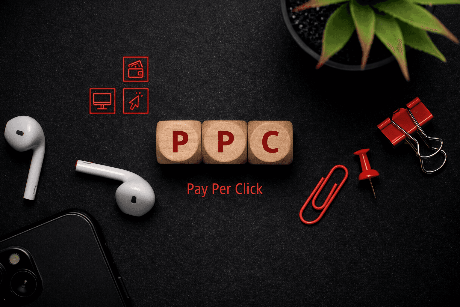 PPC services UK pay per click advertising concept with red icons and marketing tools on dark background by Guideway Media