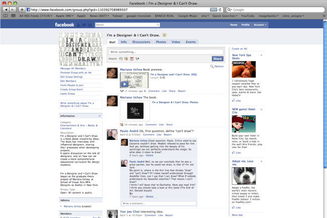 A screenshot of a Facebook page displays a profile titled "I'm a Designer & I Can't Draw." The page includes sections for profile, friends, groups, events, writing, discussions, photos, and videos. Several posts are visible, including one by Mariana Uchoa titled "I'm a Designer & I Can't Draw," and another by Yoo Jooh Choi titled "Yoo Jooh Choi interesting idea." A photo of a dog is posted by "Adopt me, Love me." The page also shows an "Admins" section.