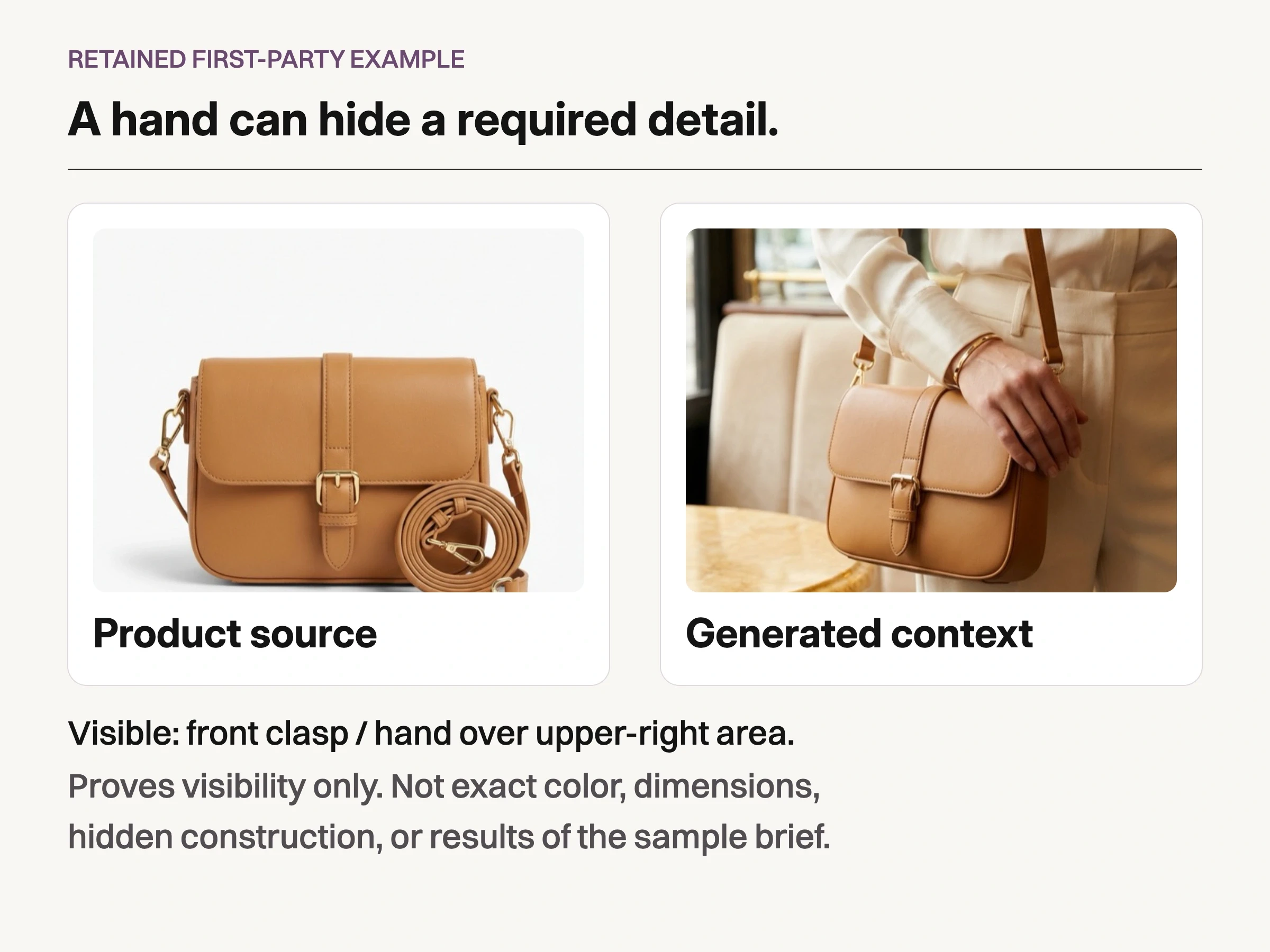Retained tan bag source beside generated context where a hand overlaps the upper-right bag area