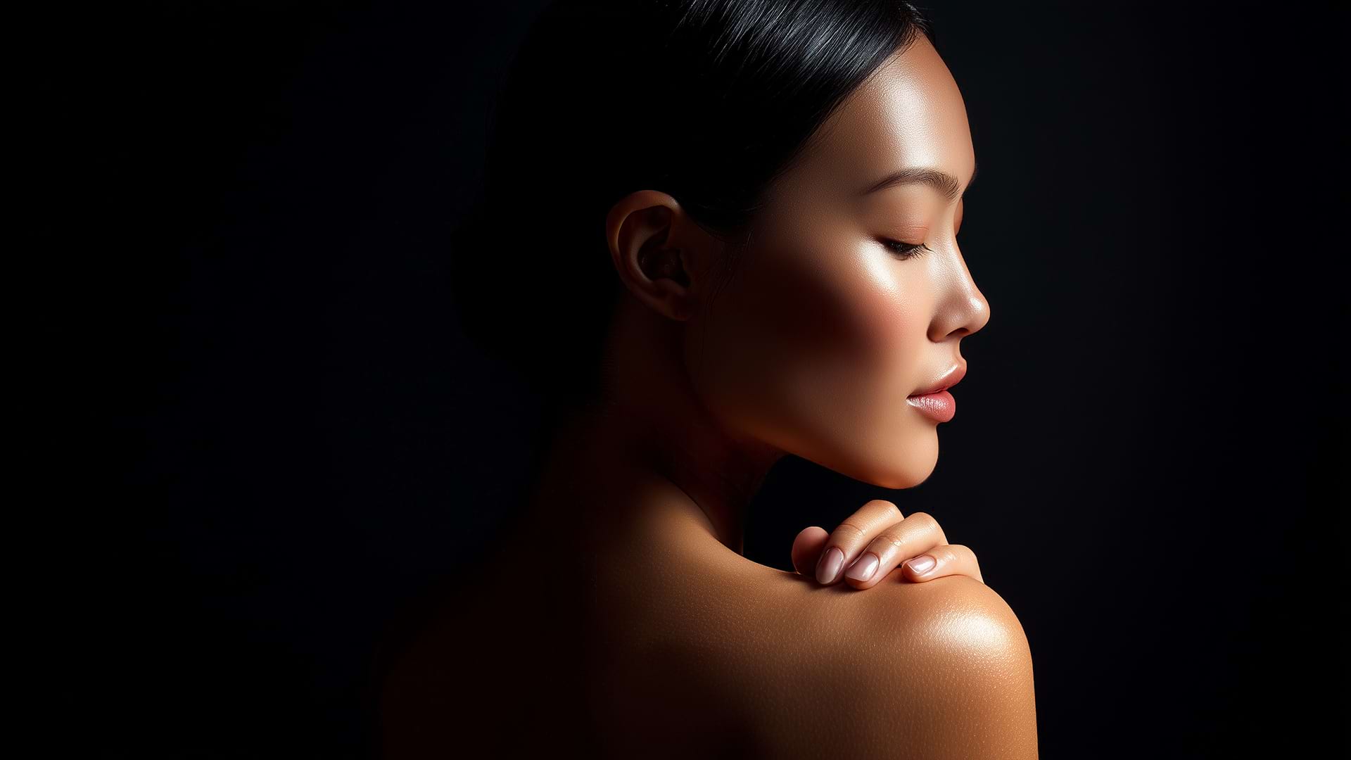 A woman with smooth skin and a serene expression is shown in profile against a dark background. Her closed eyes and gentle touch on her shoulder convey tranquility.