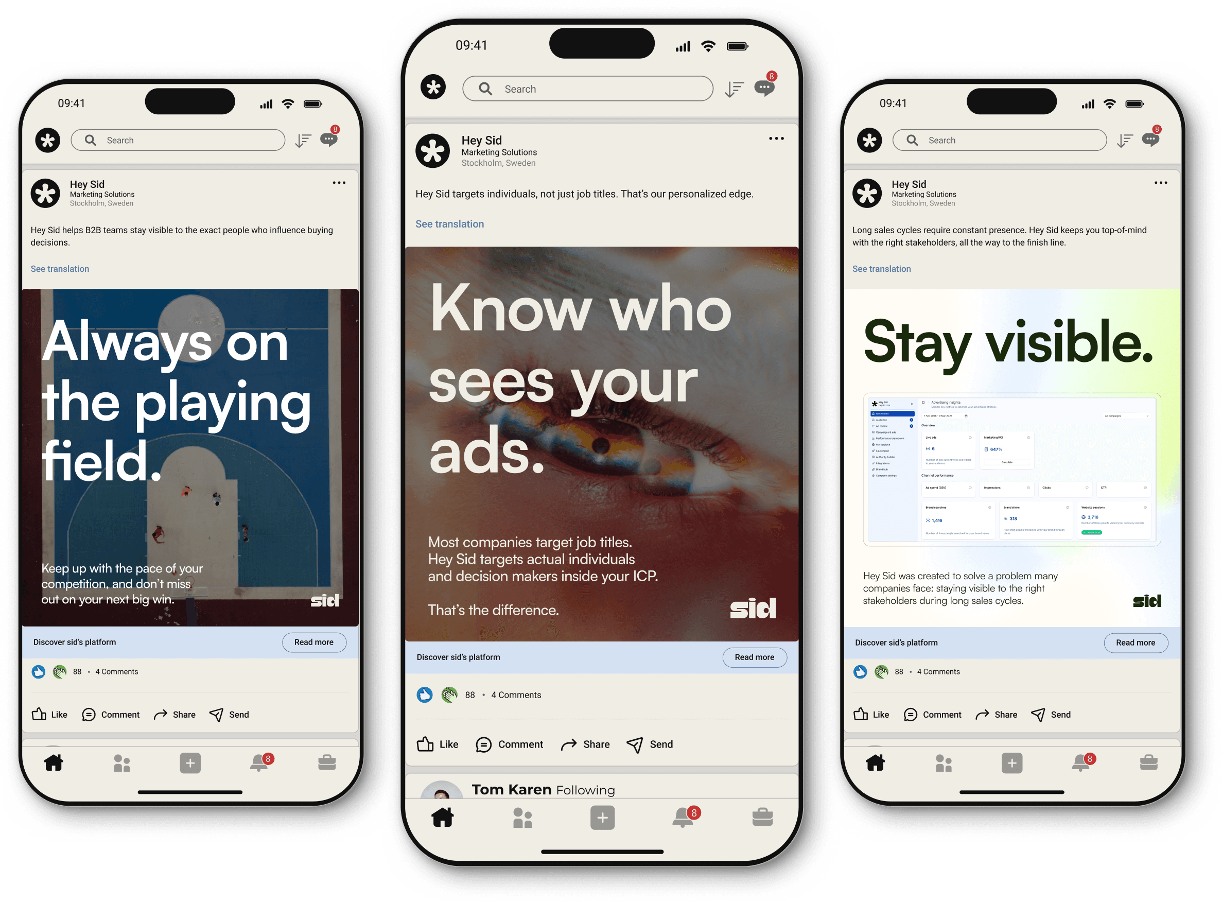 Three smartphone screens displaying social media ads for a marketing platform.