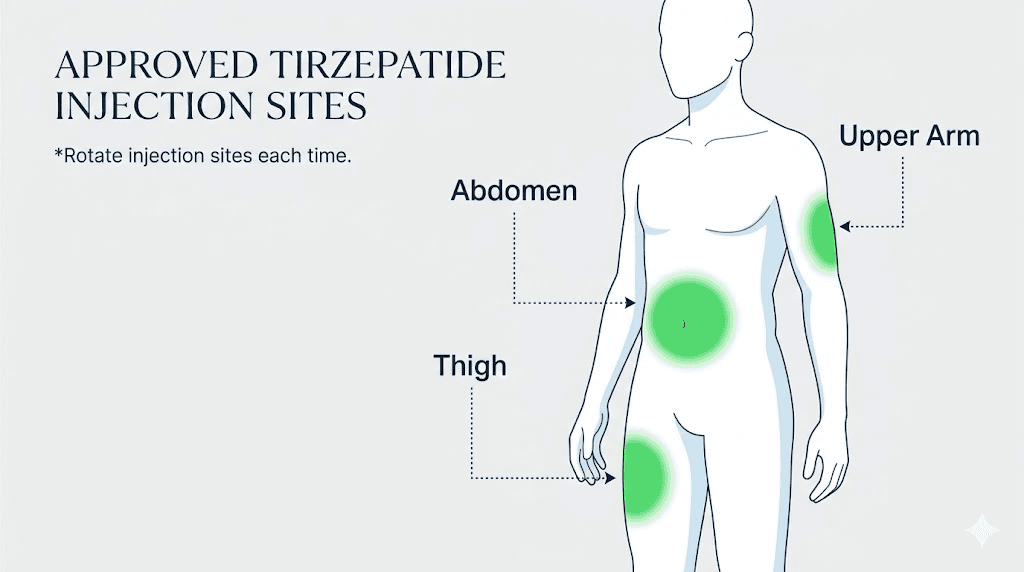 Tirzepatide injection sites diagram showing abdomen thigh and upper arm locations