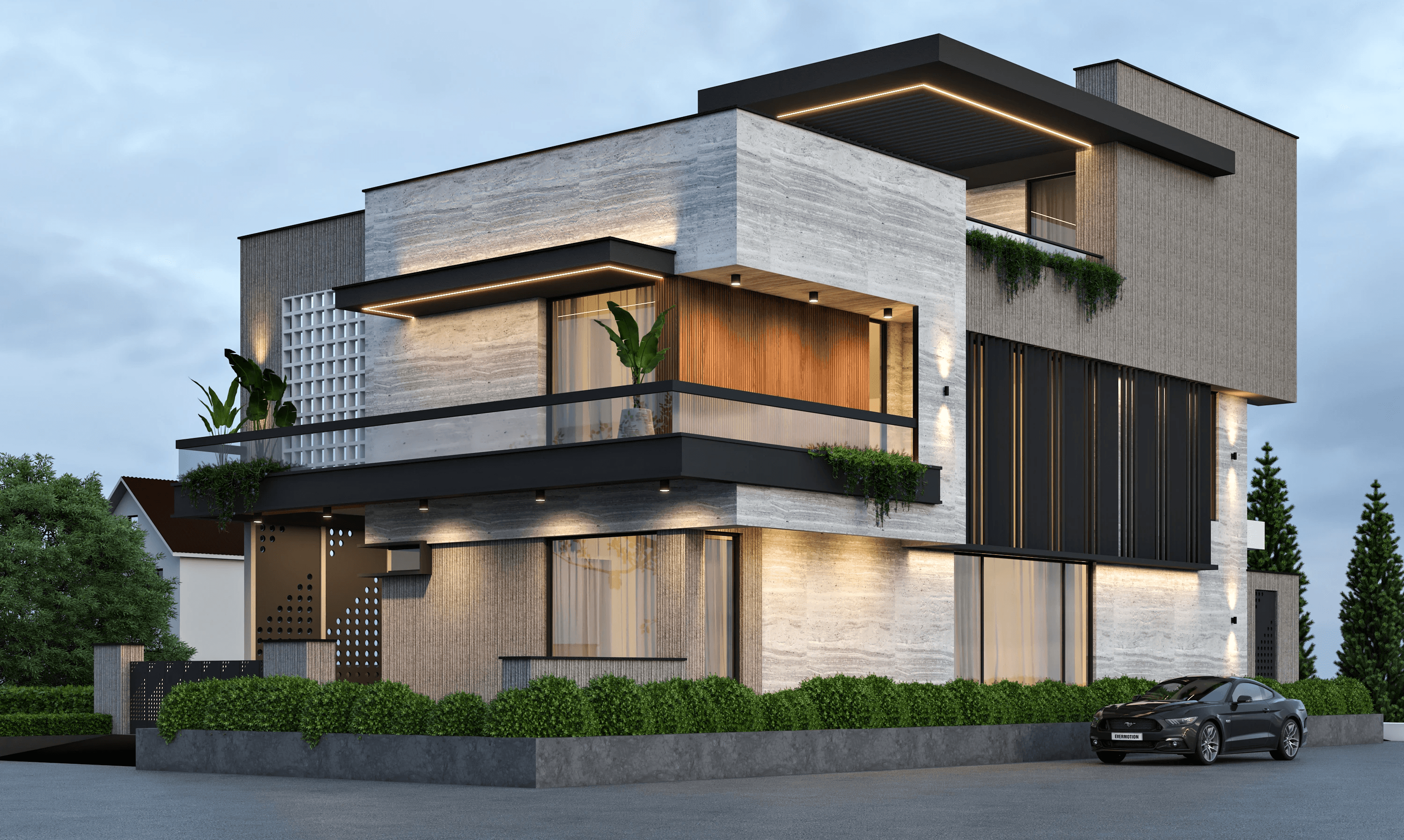 Modern interior entrance with floor-to-ceiling glass walls and warm timber cladding overlooking landscape