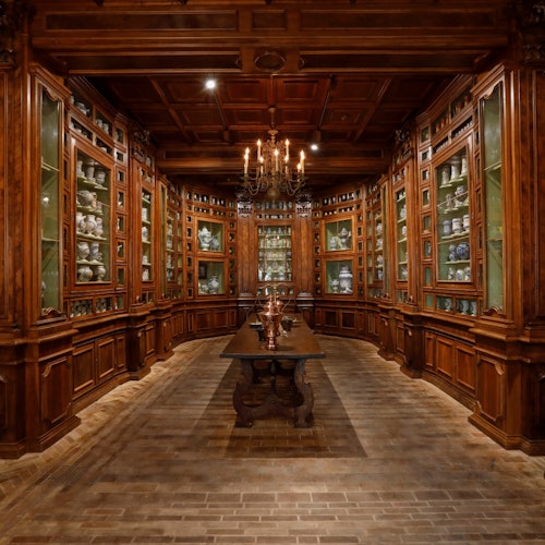 Роскошная, уютно освещённая антикварная комната с деревянными шкафами, выставляющими изысканный фарфор, центральным столом, кирпичными полами и люстрой.