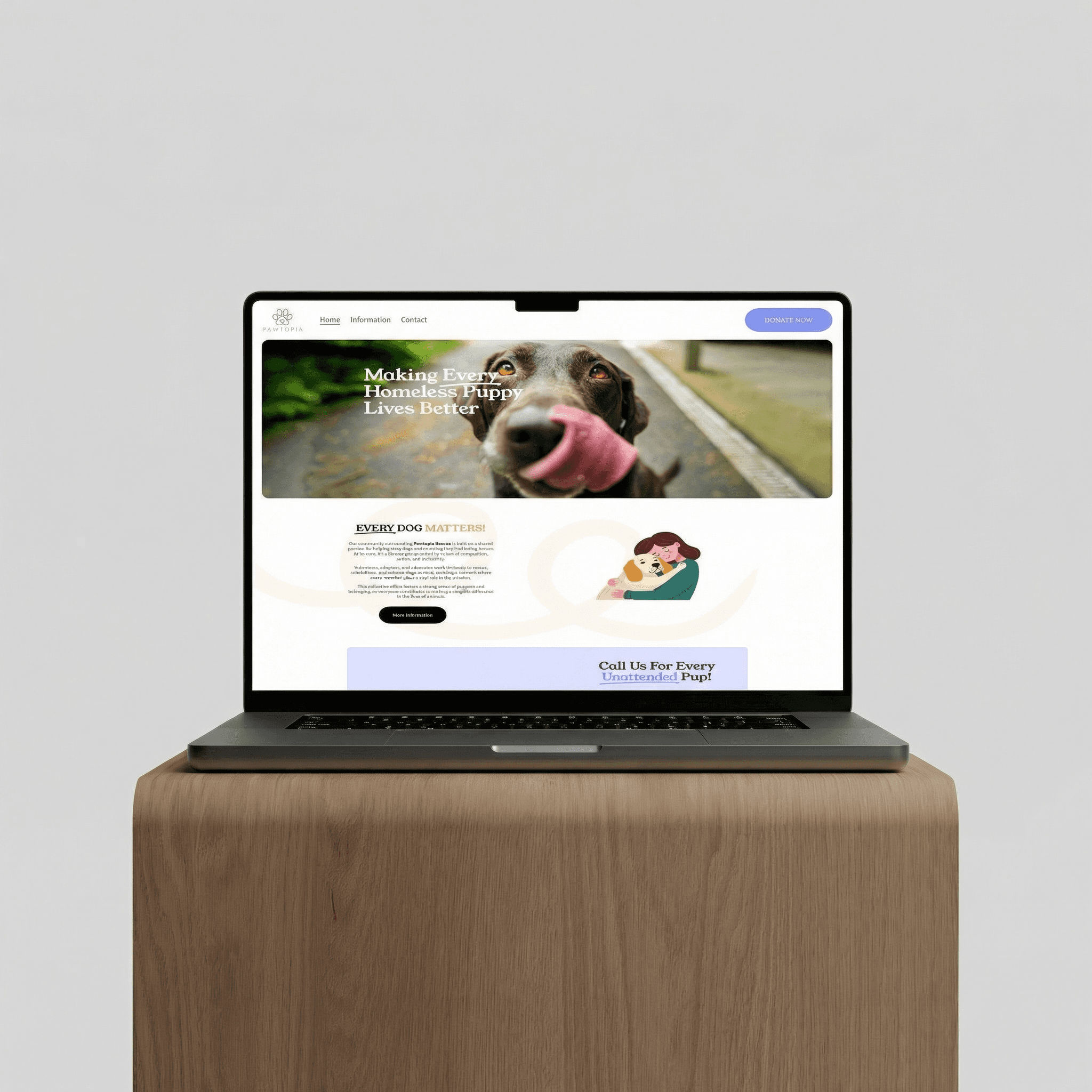 A computer with a dog that is rised to the sky