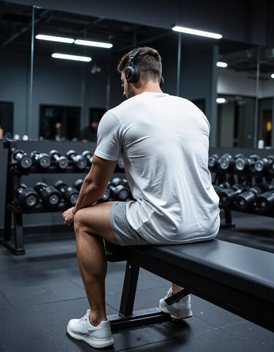 Back view of person in white t-shirt and gray shorts sitting on bench in modern gym with headphones, rows of dumbbells visible in background