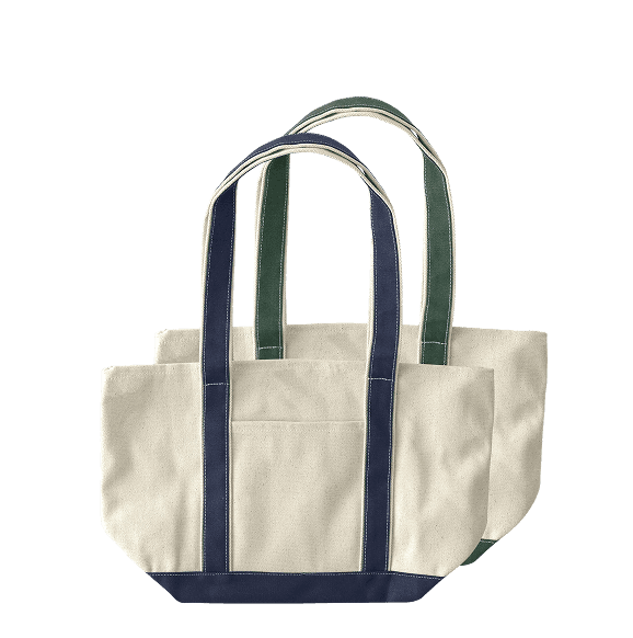 Two canvas tote bags with contrasting straps and bases.