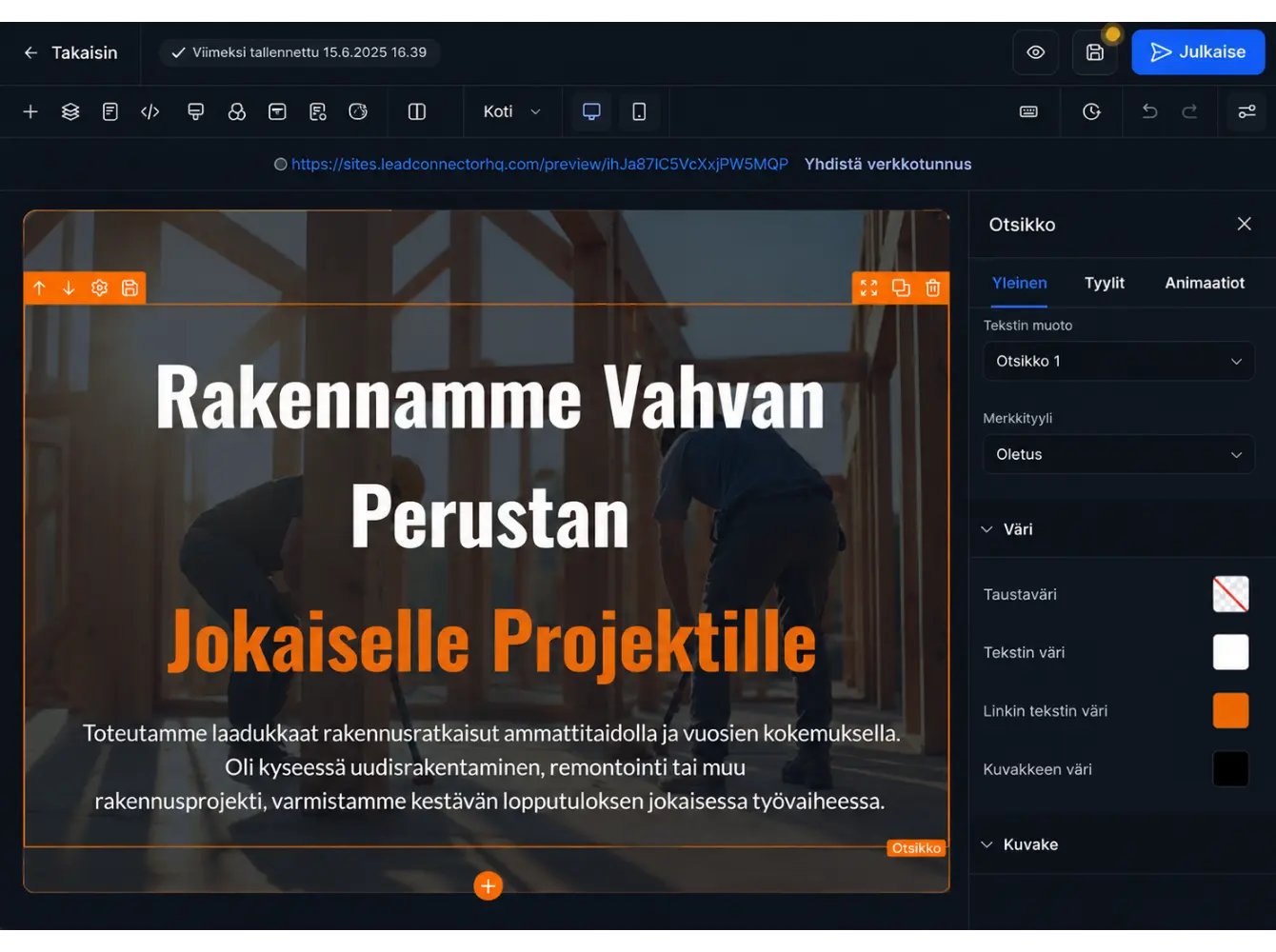 Visioutin verkkosivu- ja lomakeeditori, jolla rakennetaan responsiivisia verkkosivuja, laskeutumissivuja ja liidilomakkeita ilman erillisiä työkaluja.