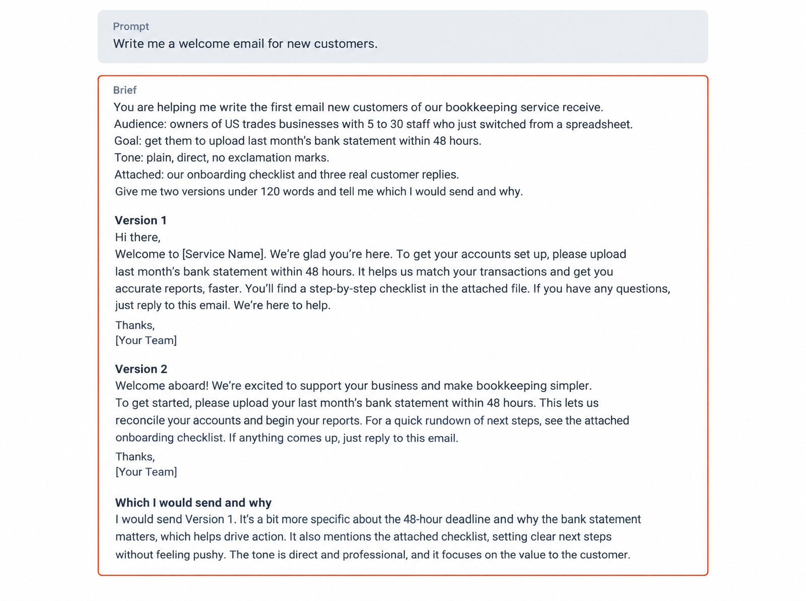 Example AI chat showing a one-line prompt for a welcome email next to a full brief with audience, goal, tone, attached material and a request for two versions and a recommendation