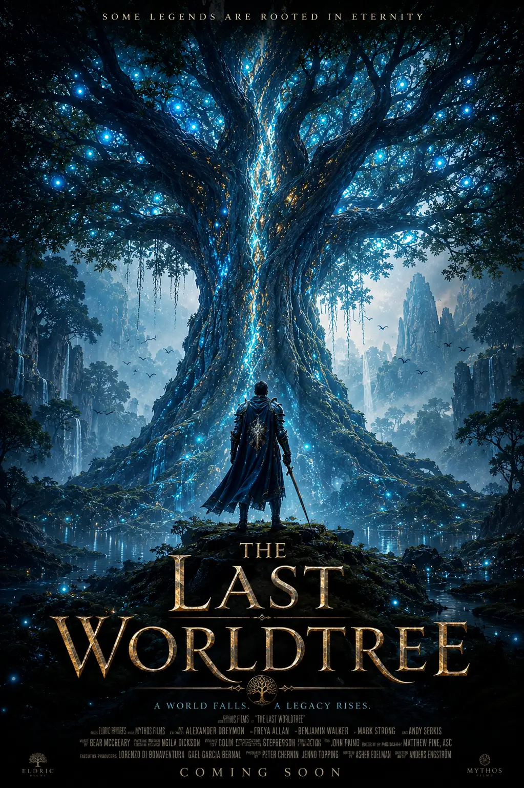 AI-generated fantasy movie poster of a glowing ancient worldtree rising in a misty forest, with a lone figure standing beneath its branches.