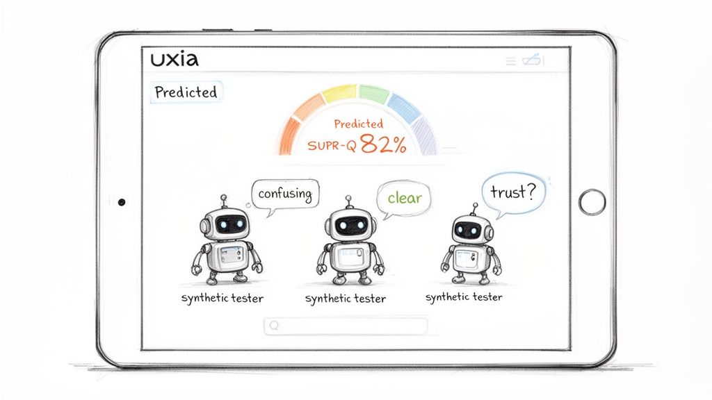 A tablet displays a UX score of 82% predicted by three robots providing feedback.
