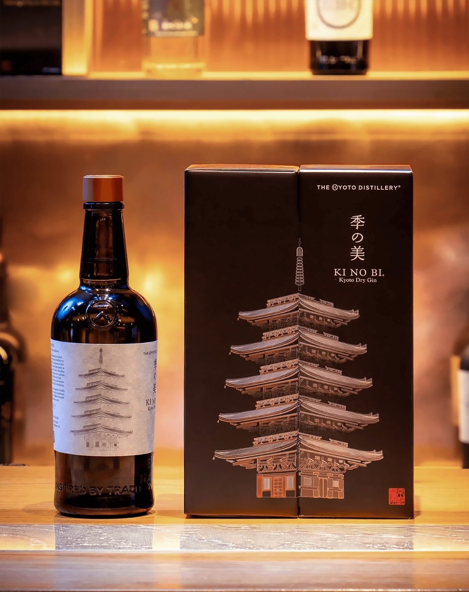 Ki No Bi Kyoto Dry Gin bottle and box photographed in a bar environment, showcasing the limited-edition label.