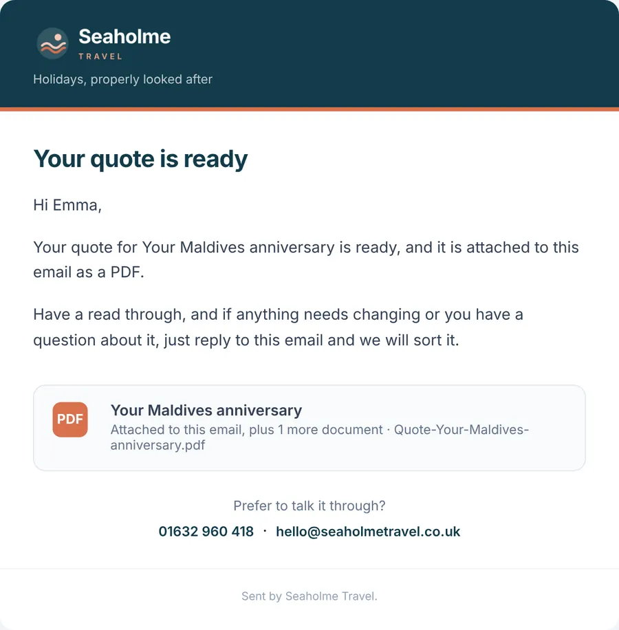 Quote email with the quote PDF attached