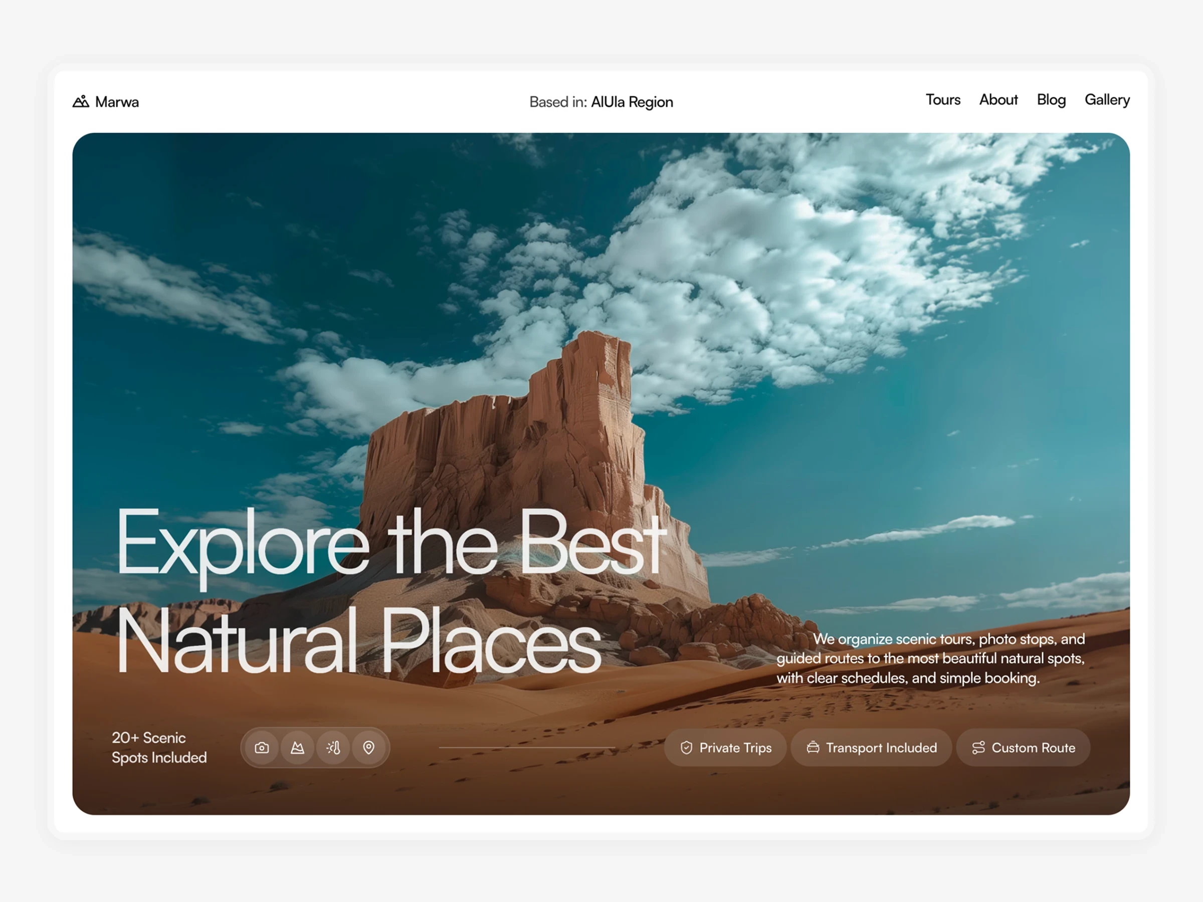 Hero section of Marwa travel template with desert cliffs and call to action