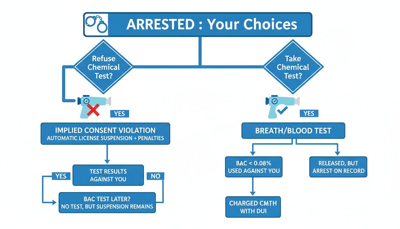 Flowchart explaining the choices and legal consequences of refusing or taking a chemical test during a DUI arrest.