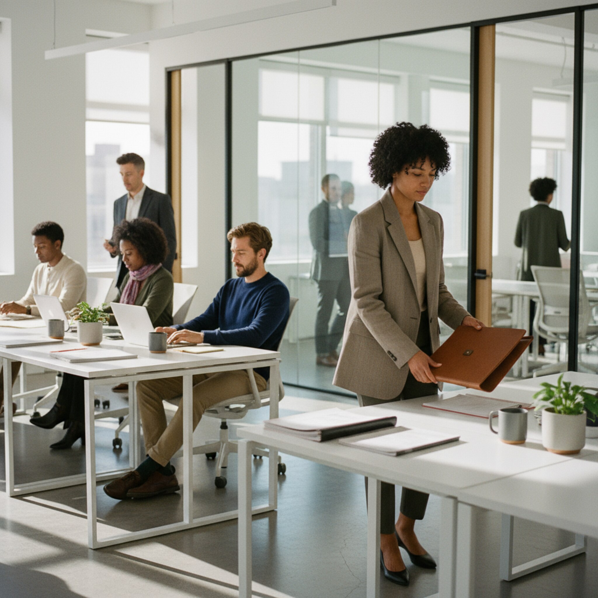 Ein heller Open-Space einer modernen Kanzlei am Morgen. Eine Anwältin legt ihre Aktenmappe auf einen Schreibtisch am Fenster, ein Kollege setzt sich zwei Plätze weiter und klappt sein Notebook auf. Sonnenlicht fällt auf geordnete Schreibtischreihen, leise Gespräche, konzentrierte Stimmung. Die Atmosphäre wirkt ruhig, professionell und fokussiert.