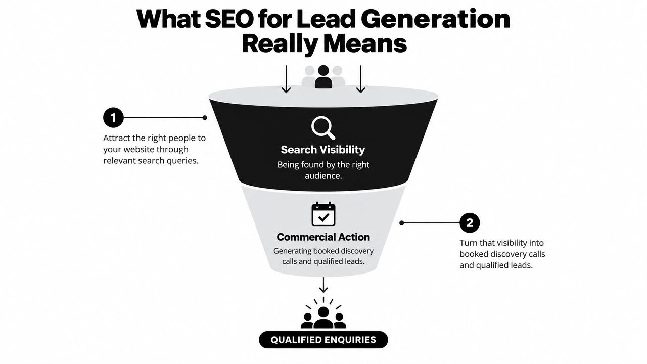 A marketing funnel diagram showing how SEO attracts traffic and converts leads into qualified enquiries.
