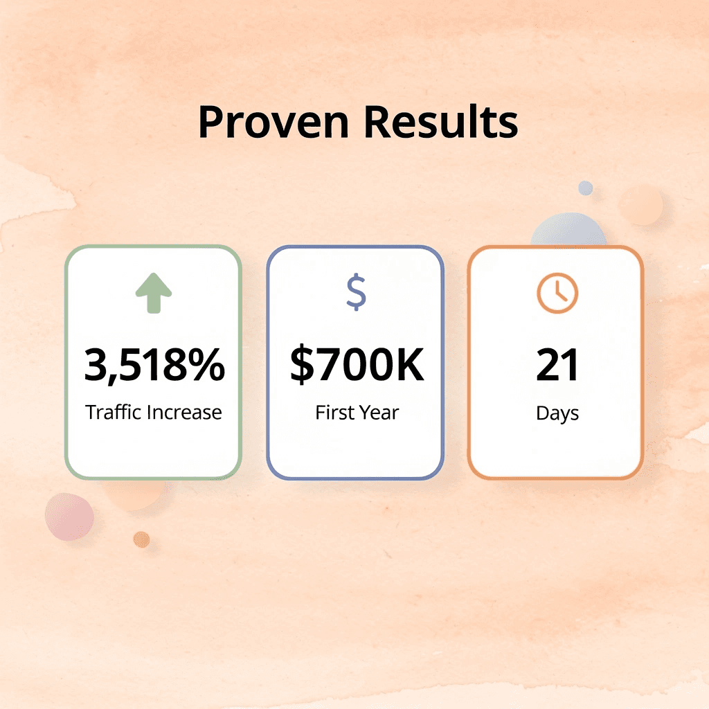 Key performance metrics showing traffic increase, revenue, and timeline