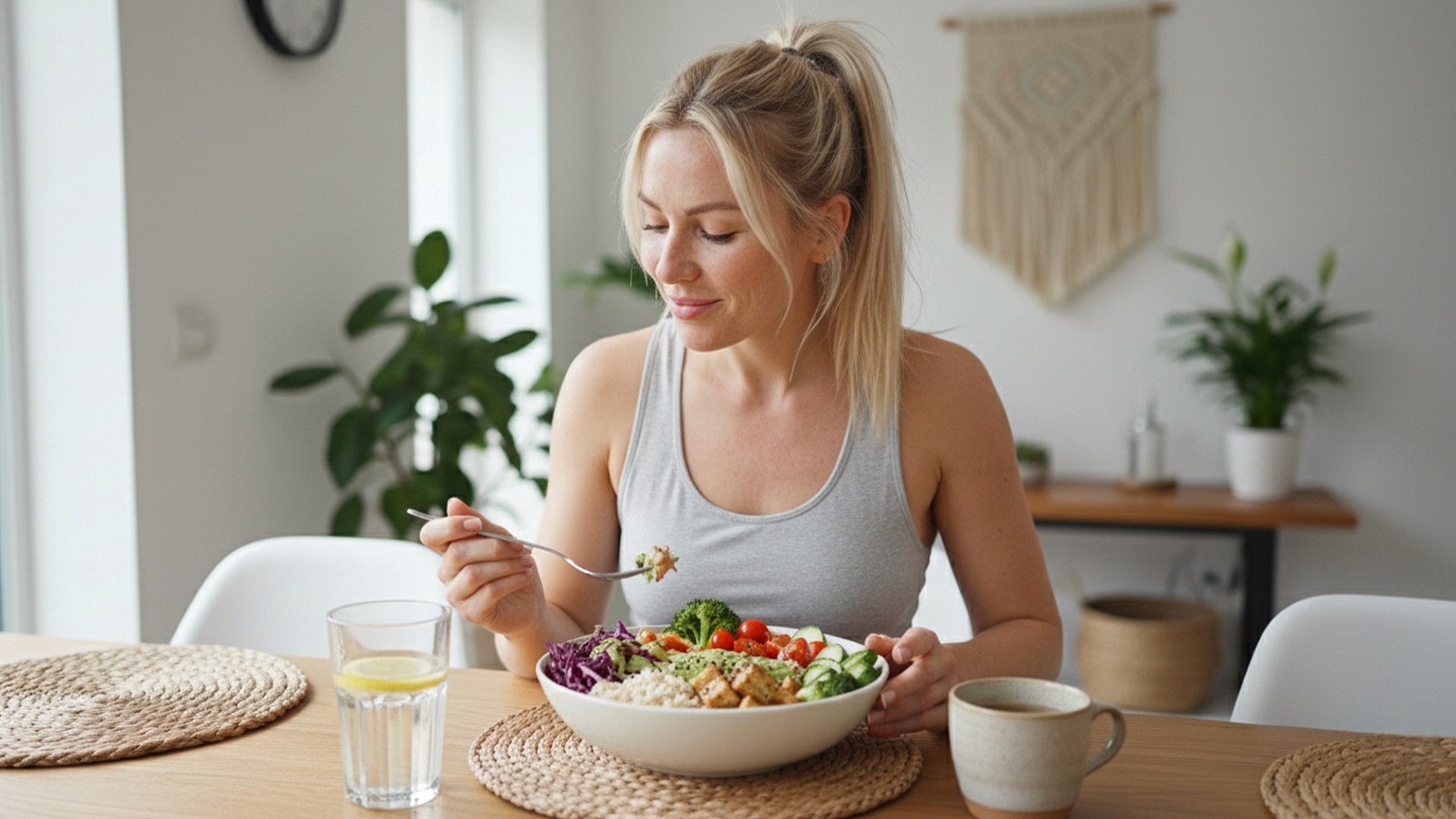 Eine sportliche Frau sitzt am Tisch und genießt nach dem Training eine frische vegane Bowl mit buntem Gemüse und Tofu.