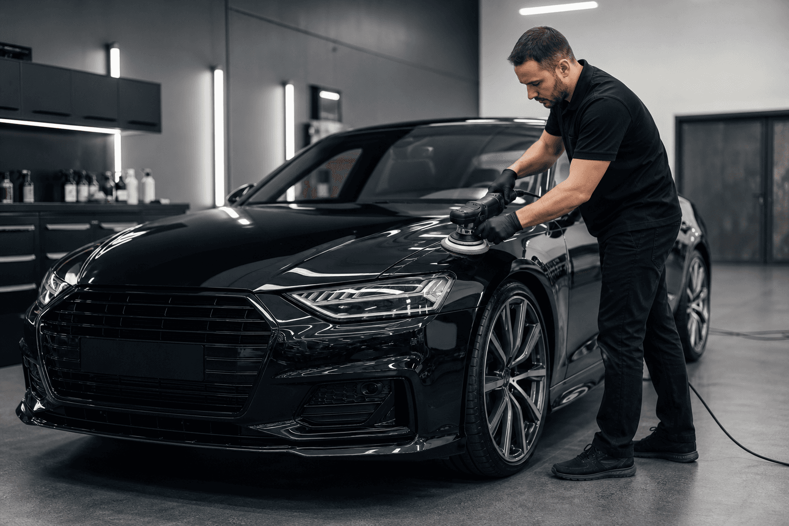 Professional car detailer machine-polishing the hood of a black luxury sedan in a detailing studio