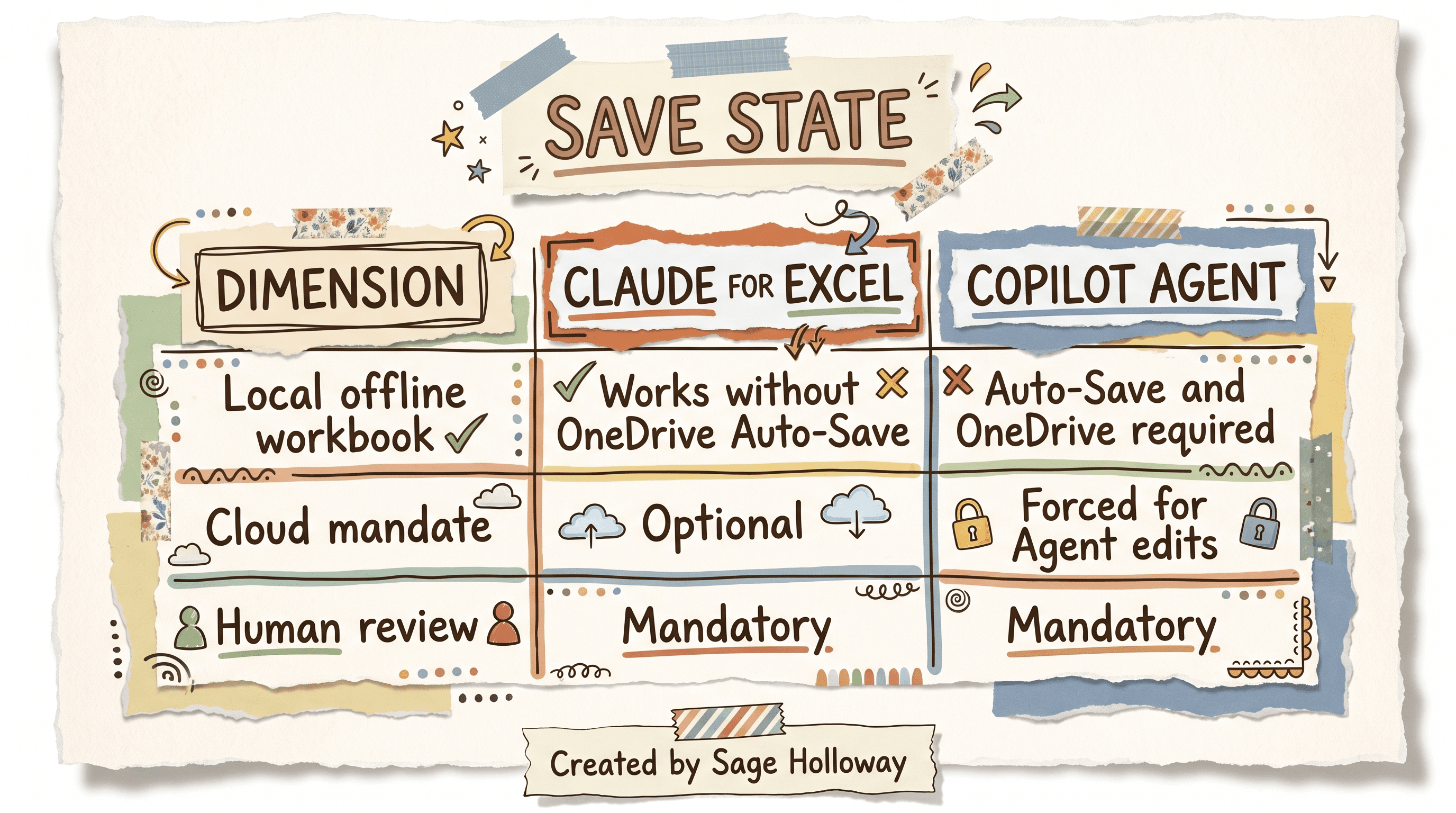 Table comparing Claude for Excel local file control versus Copilot OneDrive Auto-Save