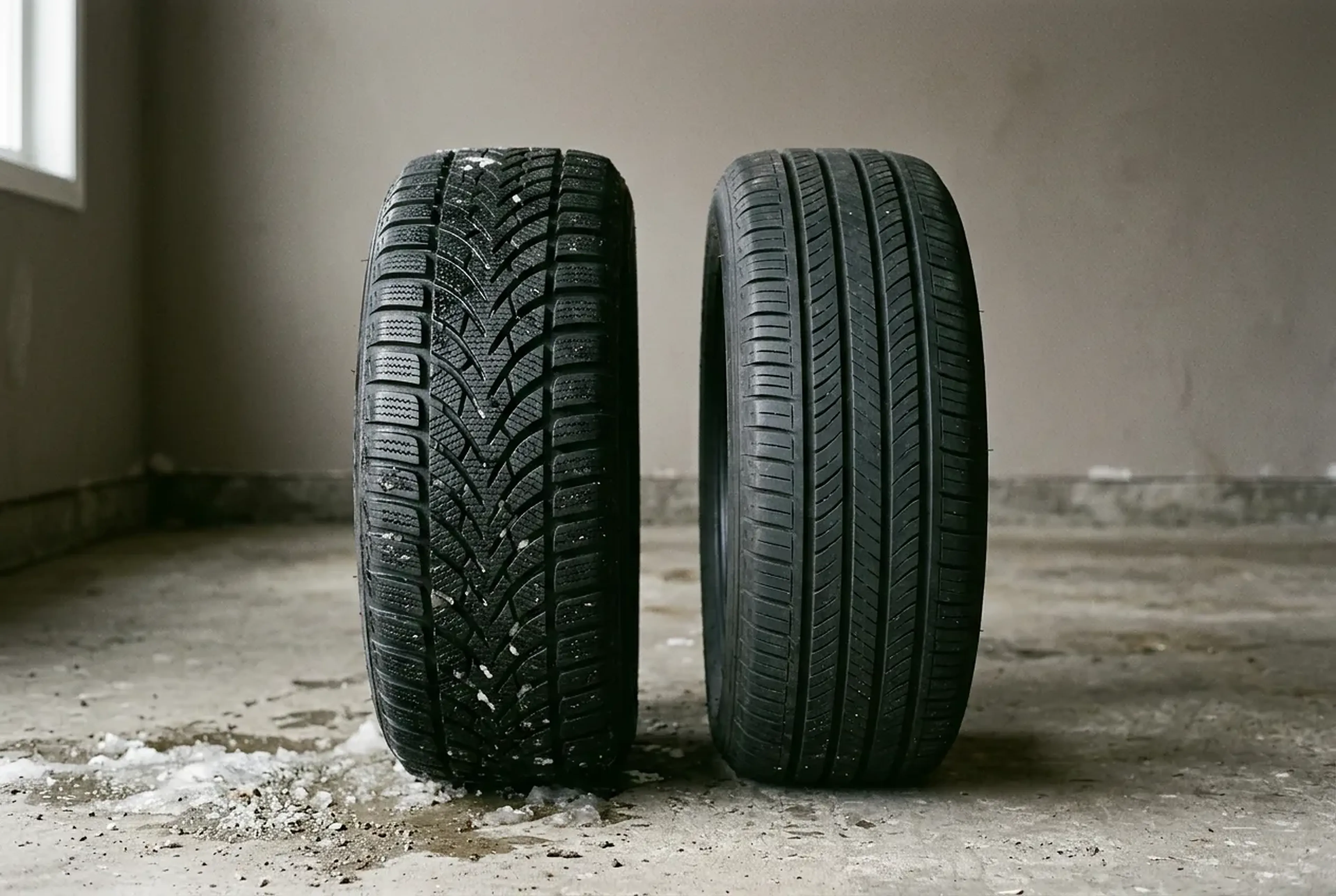 A winter tire with deep grooves and dense siping beside an all-season tire with shallower straight ribs, on a garage floor