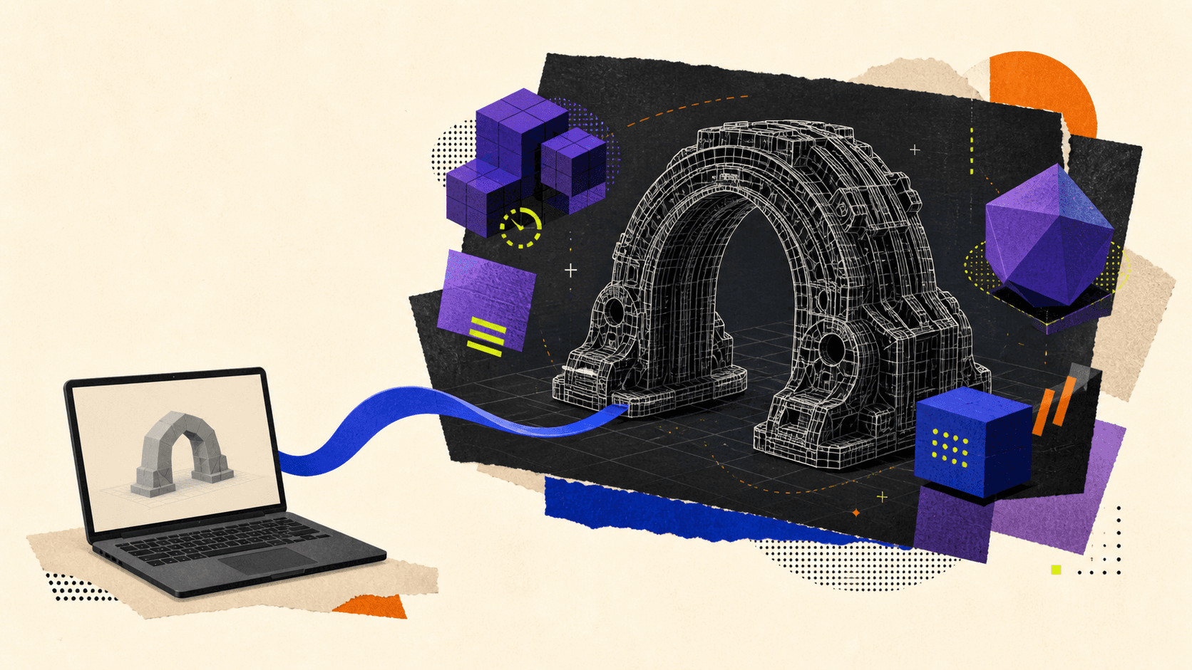 A lightweight laptop connected to a remote workstation that handles a complex high-poly Blender model.