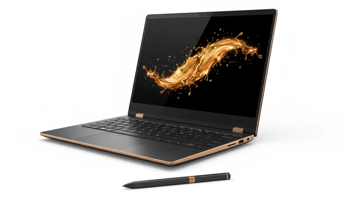 Commercial product photography of a premium, slim convertible laptop, angled three-quarters view on a stark white studio background. The laptop features a dark brushed metal chassis with polished copper-gold accents along the edges. The screen is illuminated with a vibrant abstract wallpaper of golden liquid splashes on a black field. A matching dark digital stylus is placed neatly in the foreground. DSLR quality, soft studio lighting, hyper-detailed, everything in sharp focus.
