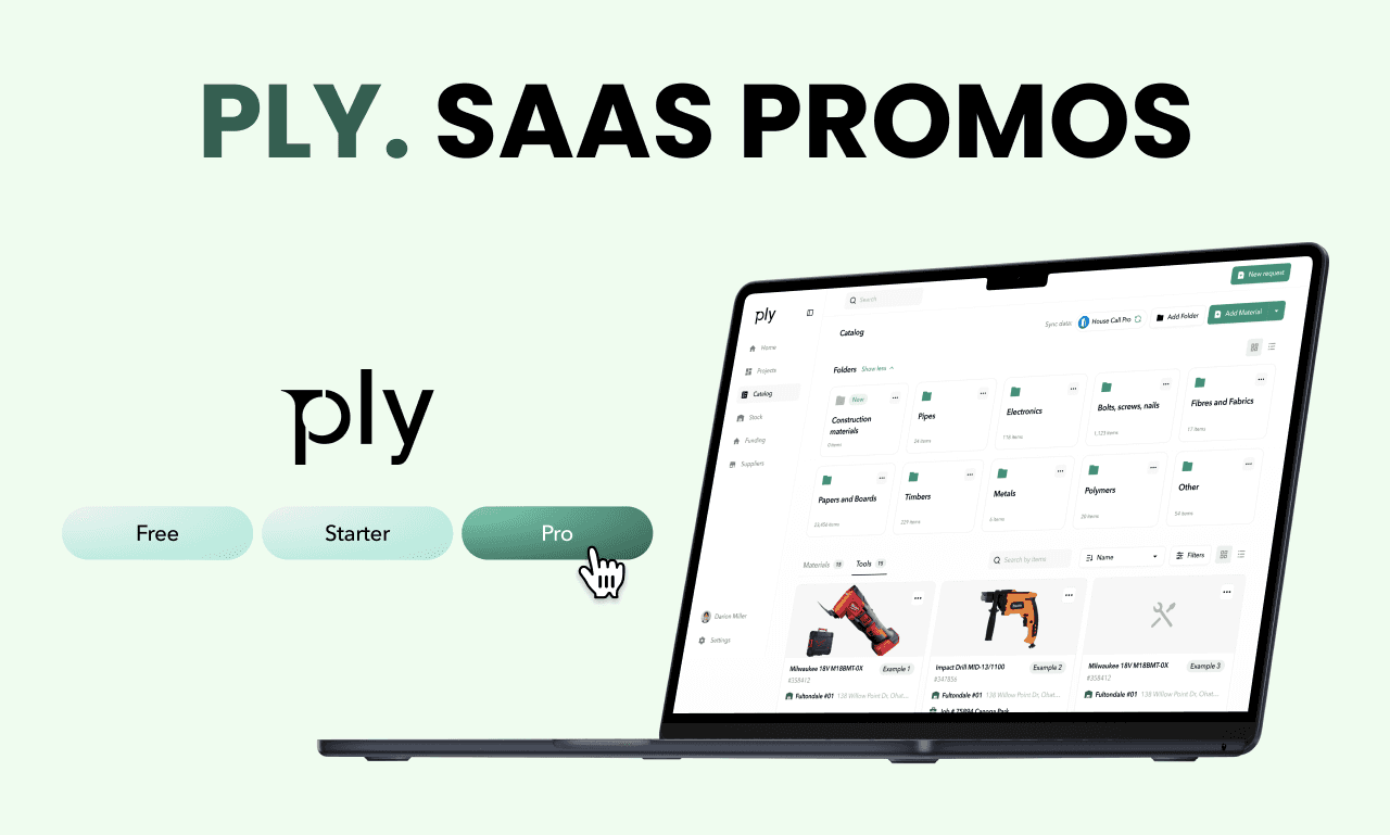 Ply SaaS promo videos – Free, Starter, and Pro plans showcased with animated UI motion graphics on a laptop screen.