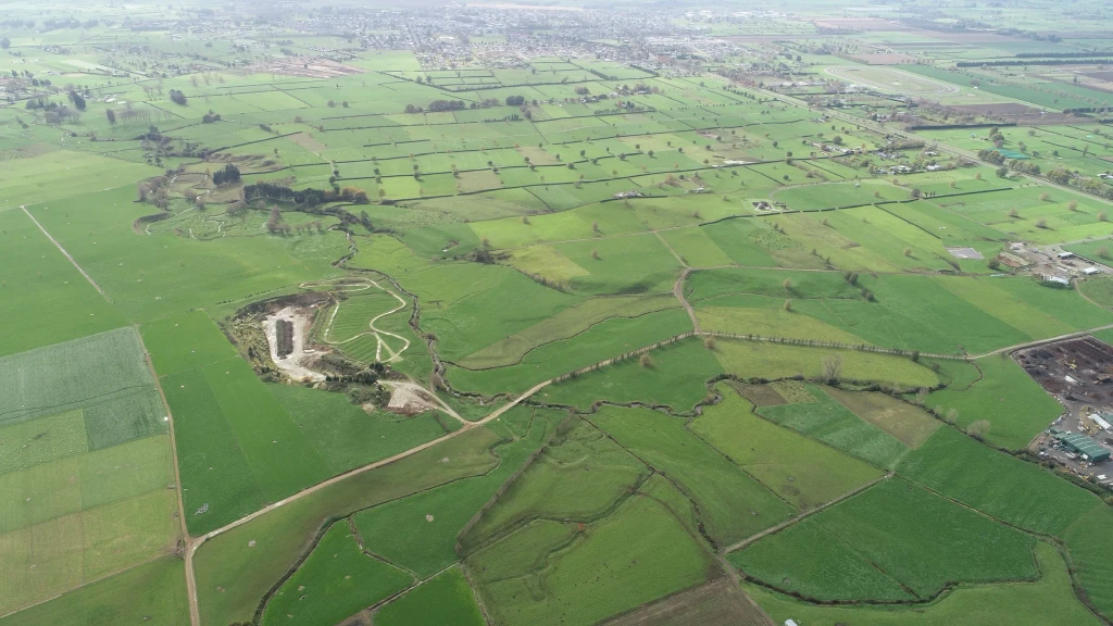 Aerial view of Wilson Sand yard and surrounding farmland in Matamata