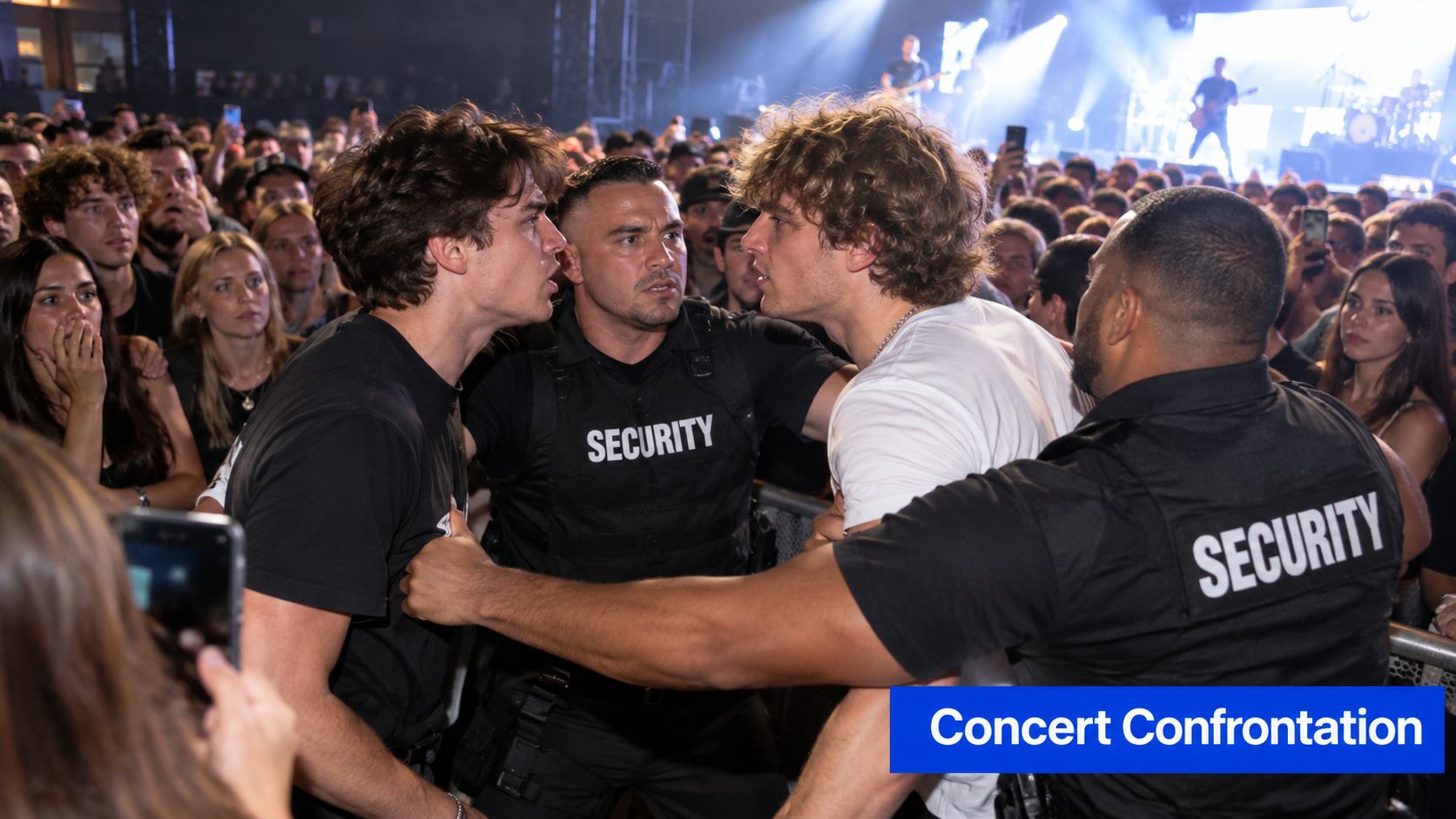 Two men confronting each other at a concert while security guards intervene to separate them.