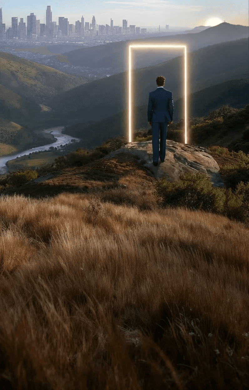 Person steht auf einem Berg und blickt auf ein leuchtendes Portal mit Stadt im Hintergrund.