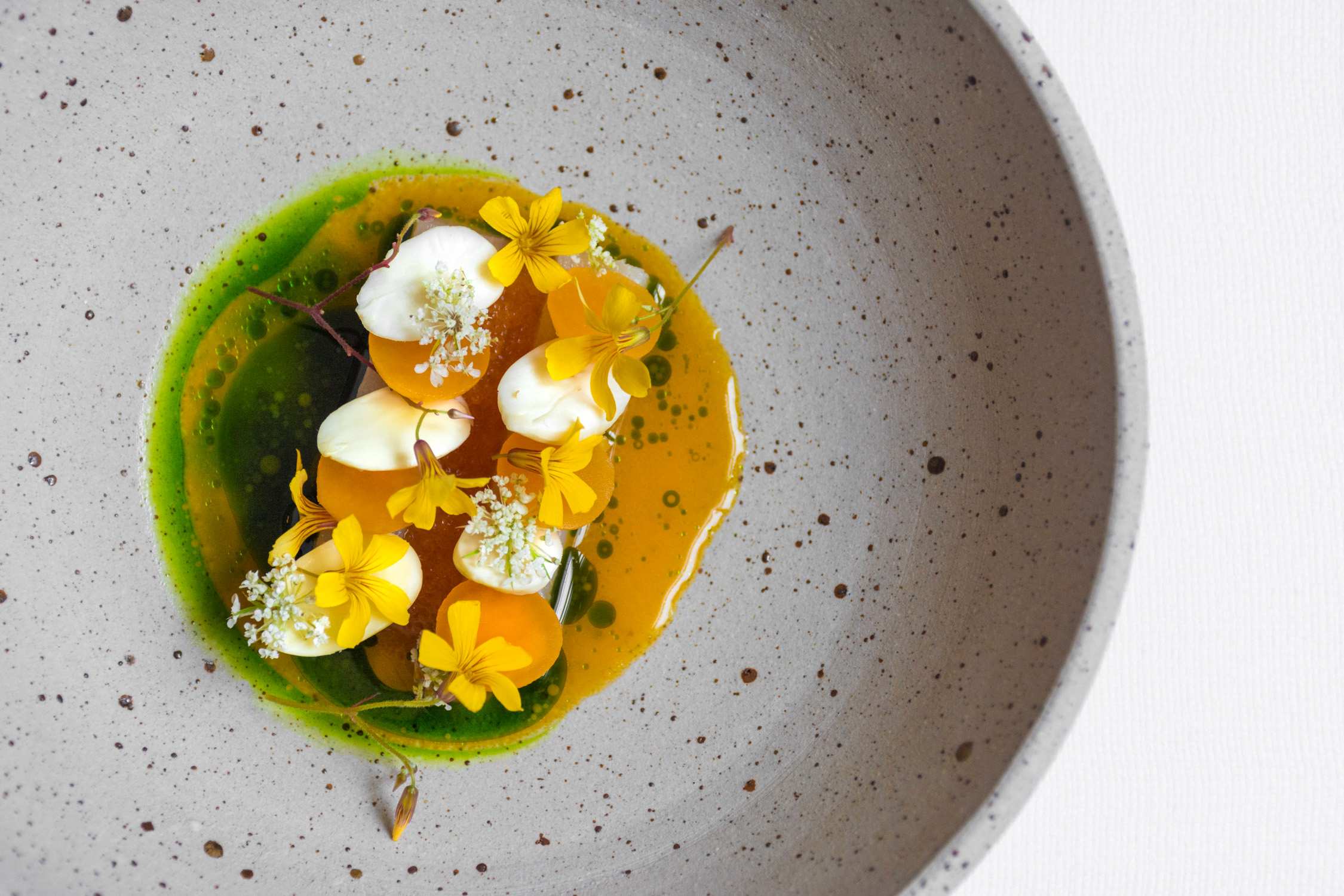 Top-down view of a speckled ceramic bowl containing yellow and white flowers in a pool of green and orange liquid.