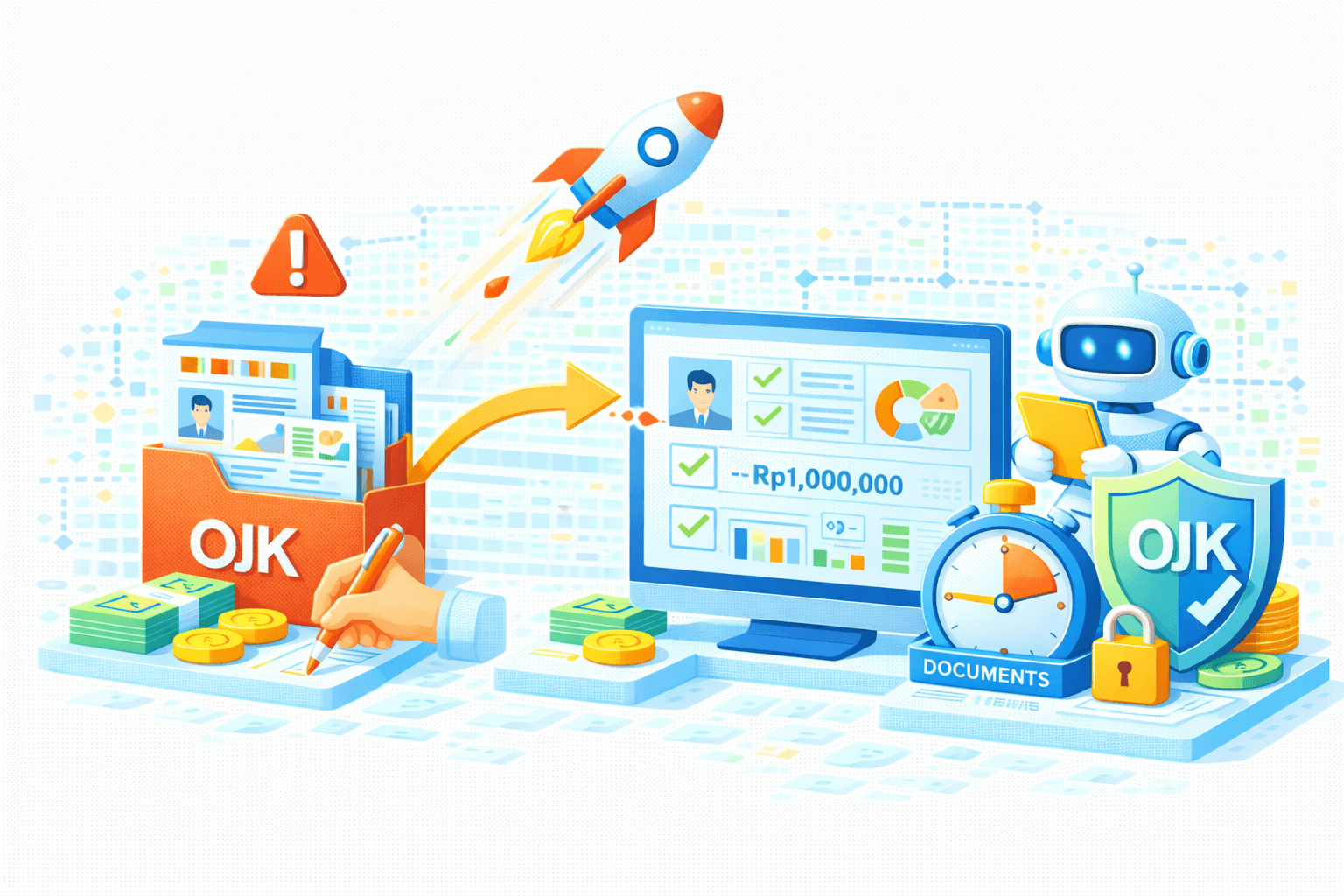 Ilustrasi automated OJK reporting acceleration & secure compliance workflow berbasis AI. Di kiri, folder OJK berisi profil nasabah dan dokumen, dengan tangan menulis (input/pelaporan manual) dan ikon peringatan yang menandakan risiko atau keterlambatan. Panah besar dan roket melambangkan percepatan proses menuju otomasi.  Di tengah, monitor dashboard menampilkan profil debitur, checklist hijau, grafik, dan nilai −Rp1.000.000 yang telah diverifikasi. Di kanan, AI/robot assistant memegang tablet di samping perisai OJK bertanda centang, ikon jam (ketepatan waktu), gembok (keamanan), dan folder DOCUMENTS. Visual menggambarkan transisi dari pelaporan manual ke pelaporan OJK yang cepat, aman, terdokumentasi, dan compliant melalui otomasi AI.