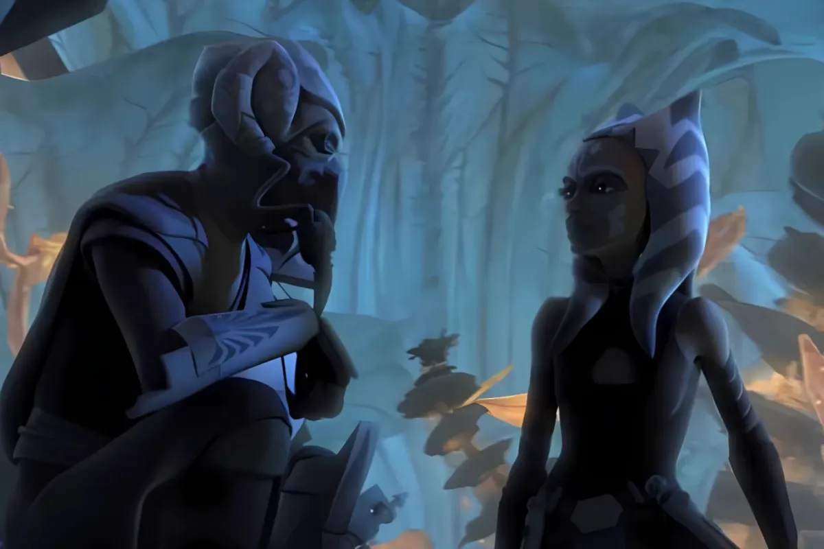 Jedi Master Plo Koon crouches thoughtfully while speaking with Ahsoka Tano in a dimly lit forest. The two share a moment of reflection, with Plo Koon’s masked face partially illuminated by soft blue lighting. Ahsoka, now older and more independent, stands with a determined expression, emphasizing their deep mentor-student bond.