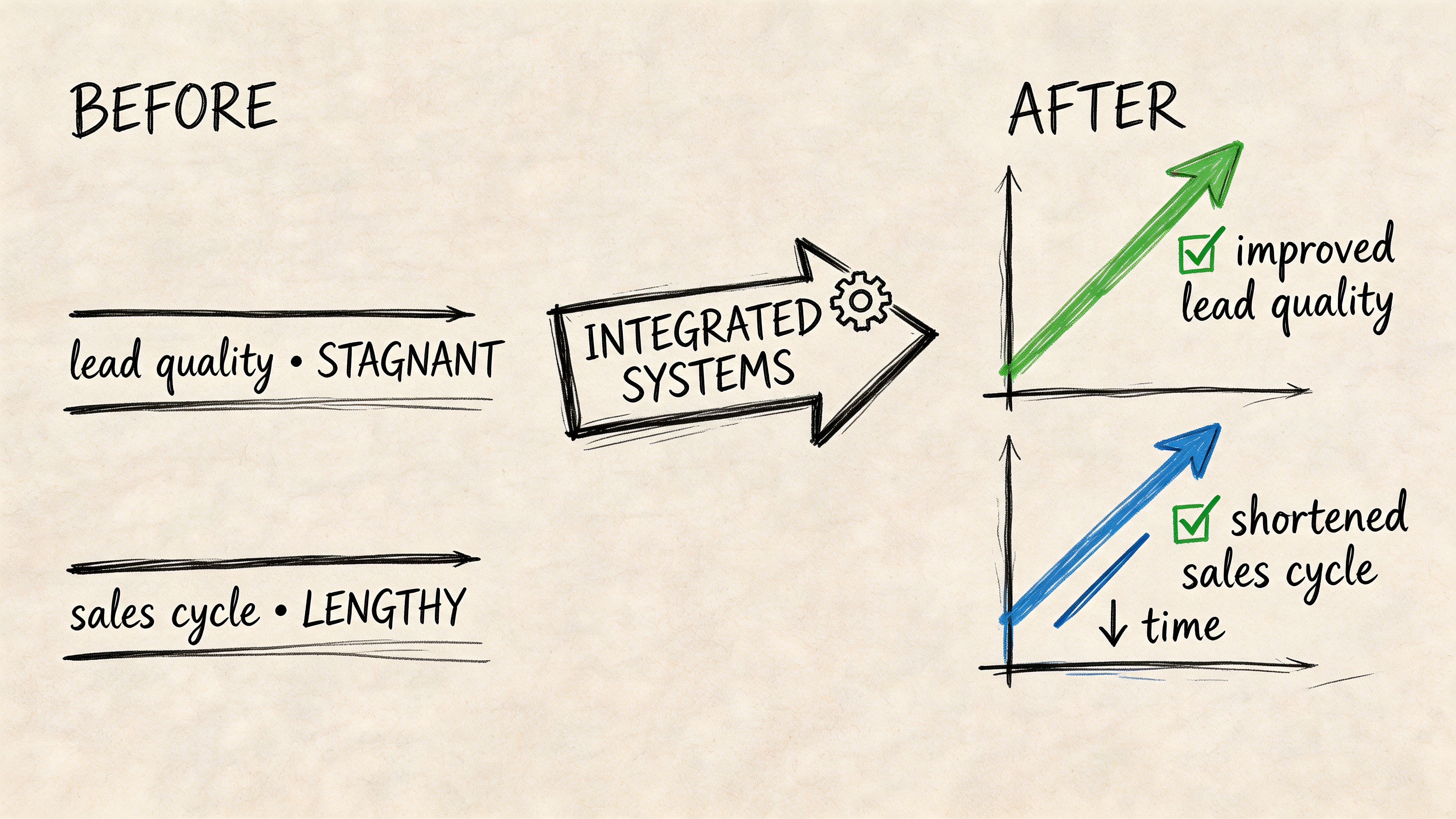 A hand-drawn comparison showing how integrated systems improve lead quality and shorten sales cycles in business.