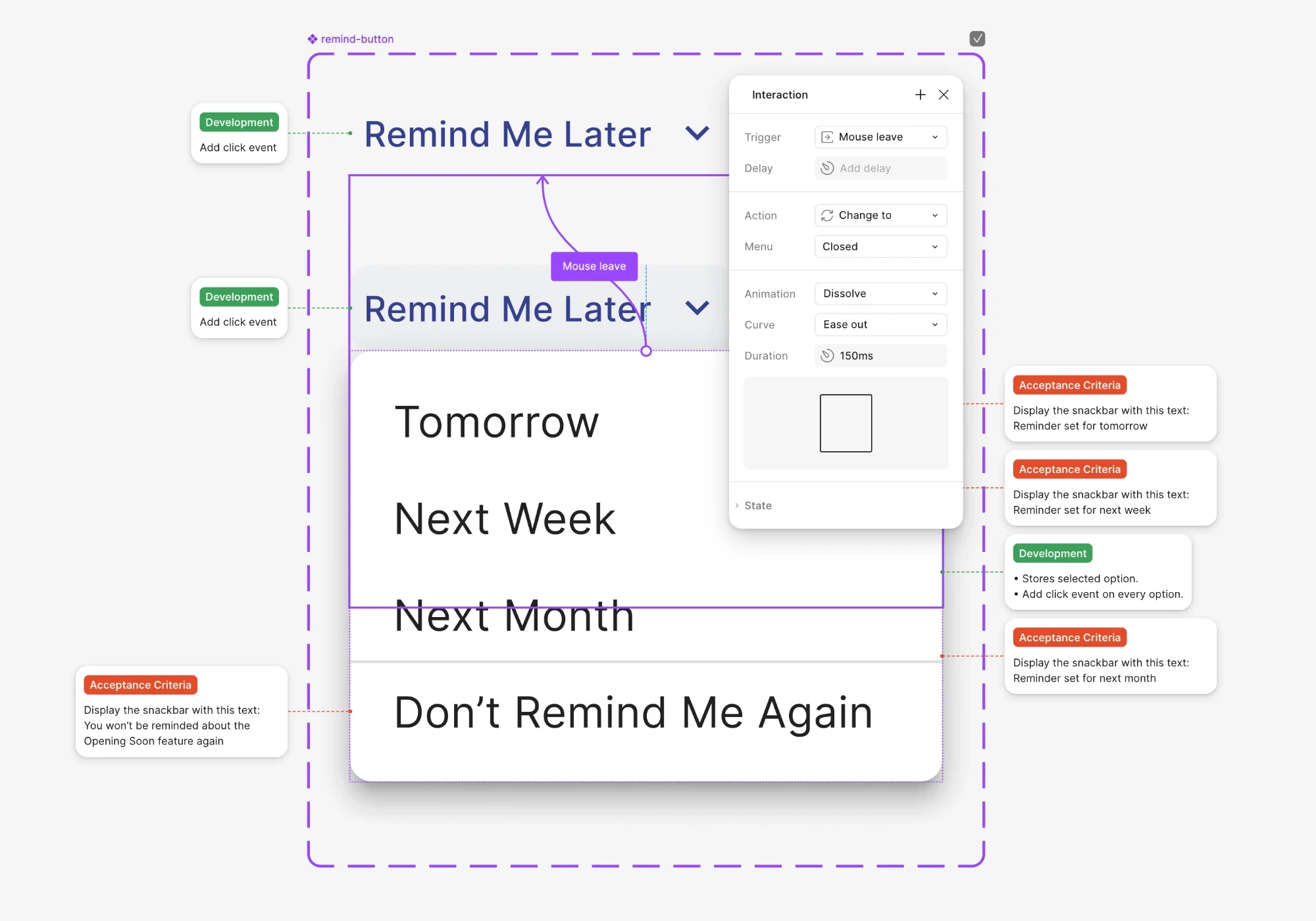 Design prototype showing interaction flow for a “Remind Me Later” dropdown menu with reminder options and annotations for development and acceptance criteria
