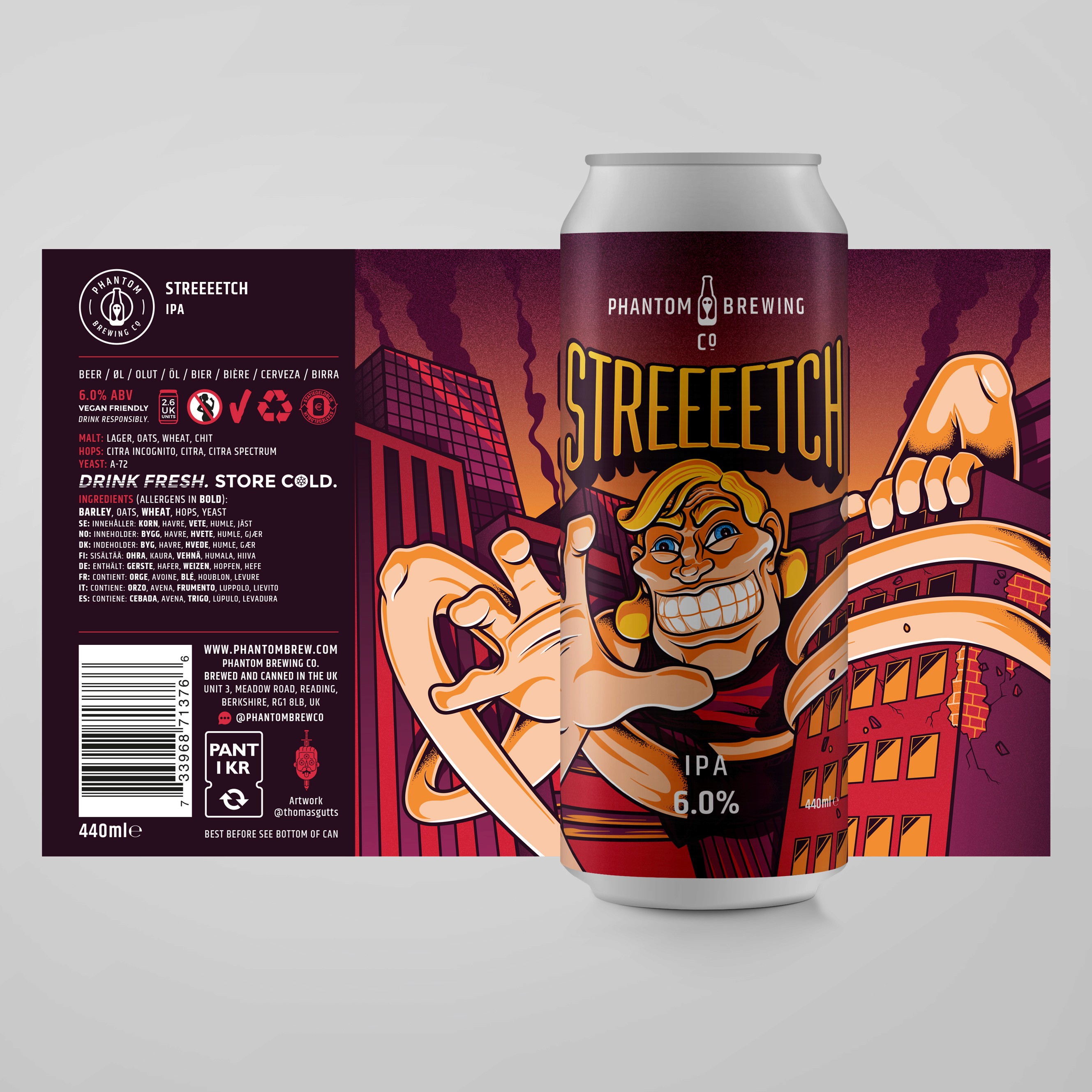 Phantom Brewing packaging illustration showing a smiling man with elastic arms and the title 'Streeeetch and the full packaging image