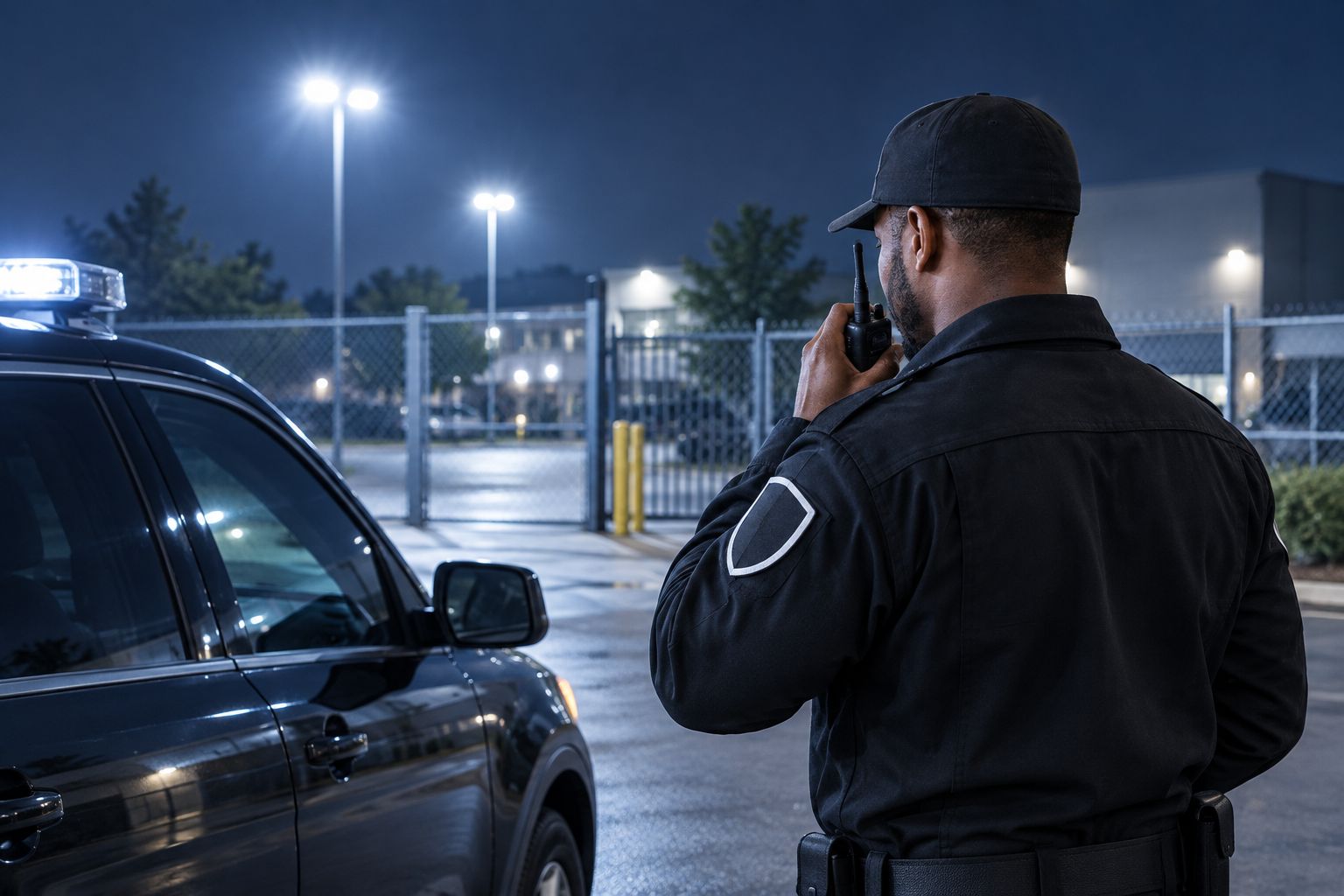Security guard on night patrol checking in by radio at a gated lot
