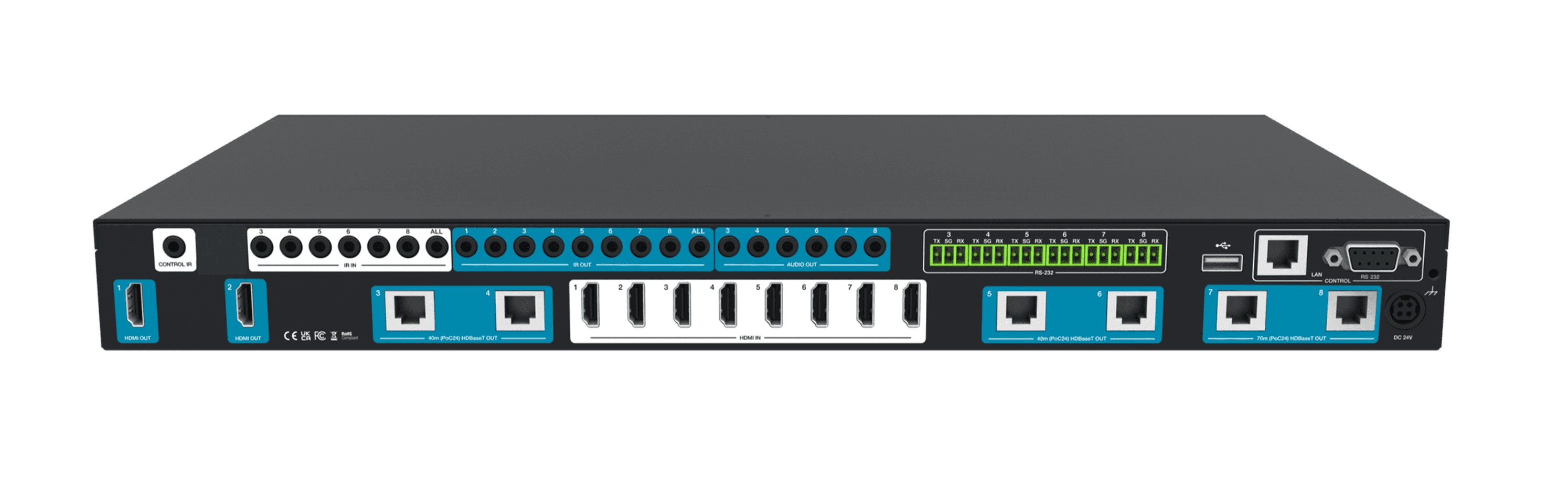Back panel of AV matrix switcher with HDMI, HDBaseT, IR, and RS-232 ports.