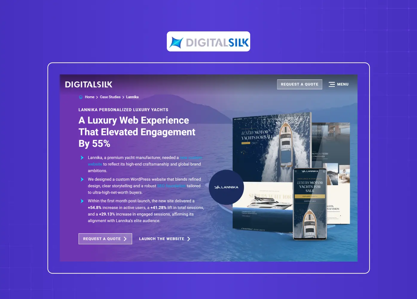 Luxury web design case study highlighting a premium yacht brand experience with immersive visuals and performance metrics.