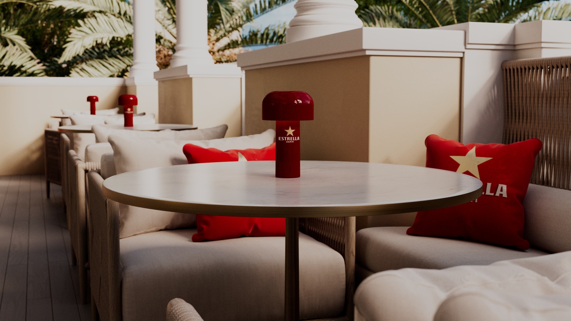 Close-up of table setting with branded decorative elements designed for Estrella Terrace project