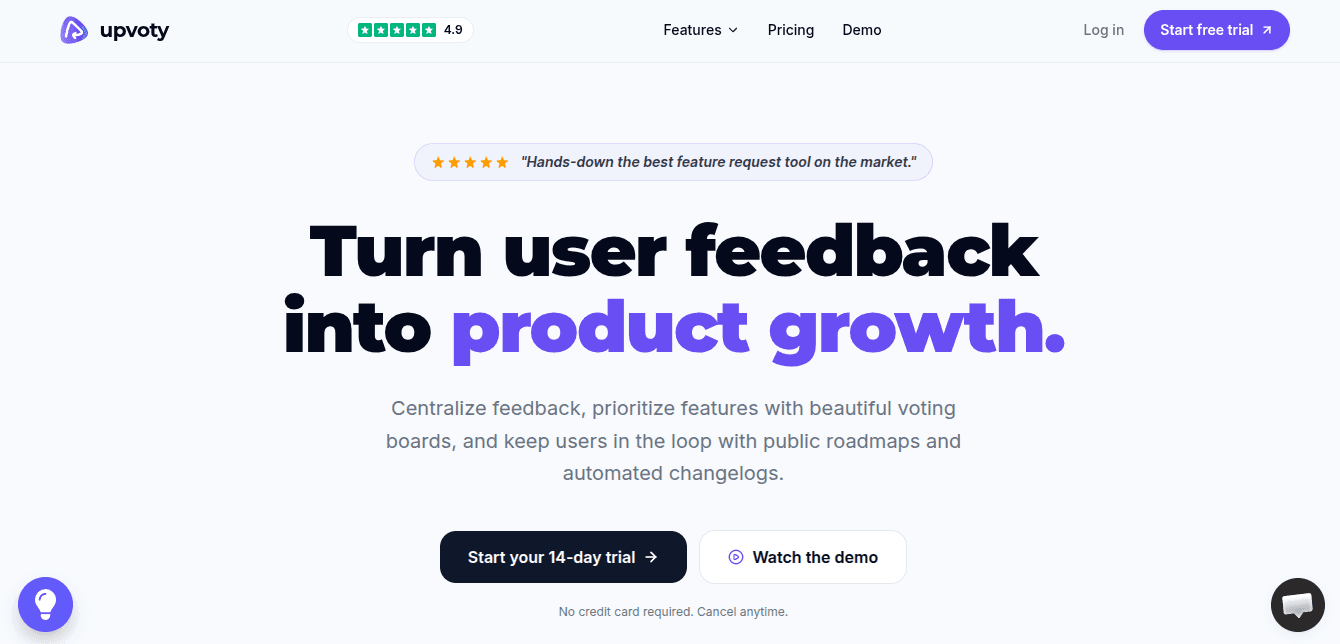 Upvoty homepage showing its user feedback, voting boards, and roadmap platform