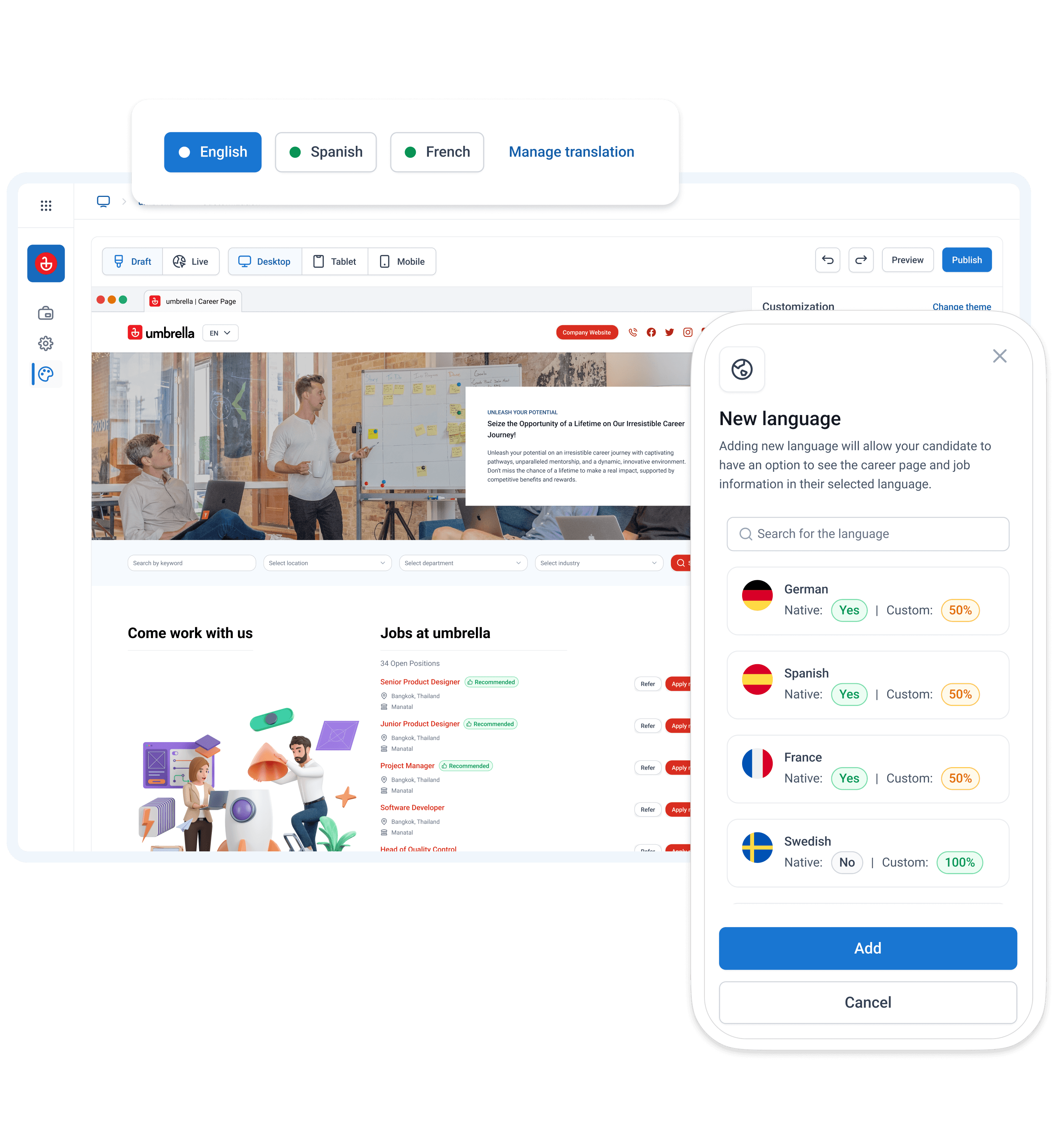 Product visual for multi-language translation of native fields for internal usage and candidate viewing