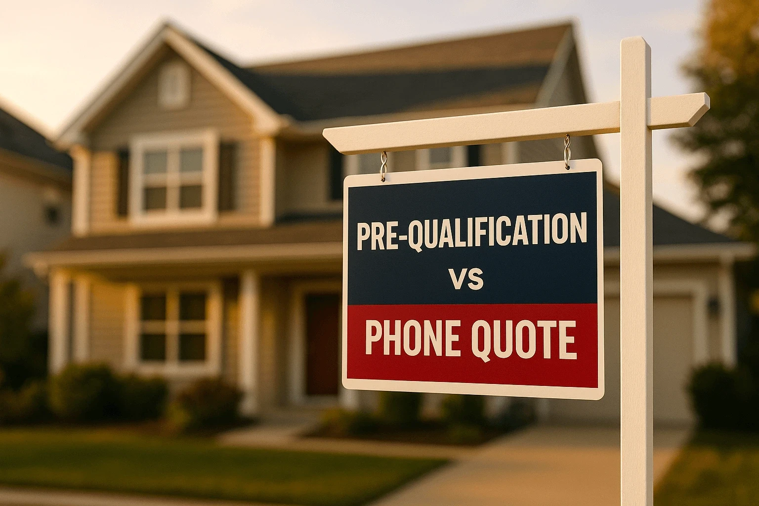 Real estate sign in front of a house displaying the words “Pre-qualification vs. Phone Quote”.