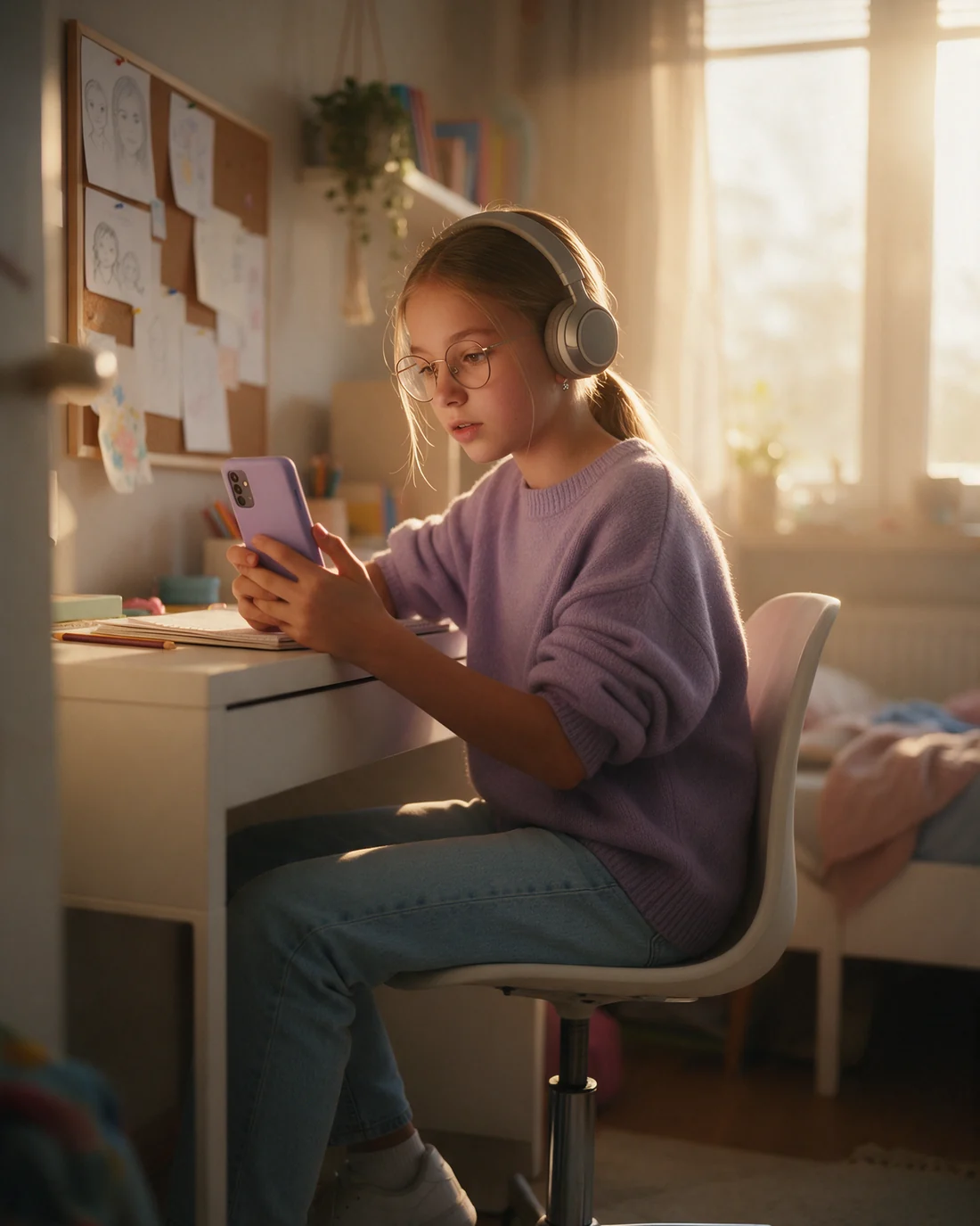 Studentka u stolu v pokoji se sluchátky a telefonem, soustředěný výraz